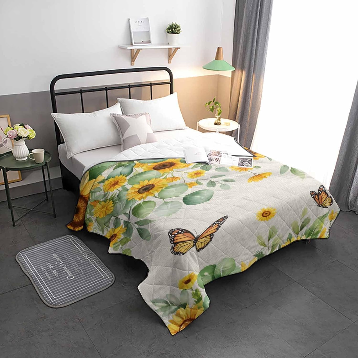 Quilt California King Luxury Quilted Comforter Bedspread-Thin Soft Cozy, Sunflowers Eucalyptus Butterfly Floral Watercolor Retro Line Reversible Stitched Lightweight Quilt Coverlet for All Season