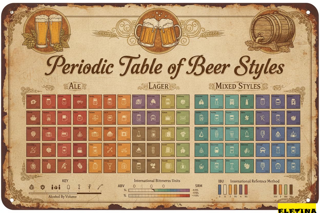 Periodic Table Of Beer Styles Rustic Retro Tin Sign Home Bar Garage Restaurant Kitchen Cafe Pub Wall Decor 8x12in