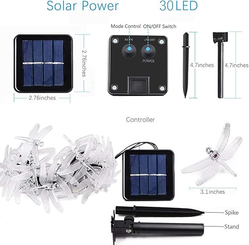 Miniatura 2 de Sundecor - Guirnalda de luces solares de libélula de 21.3 pies, 30 LED, 8 modos, multicolor, impermeable, libélula de cristal, luces LED para