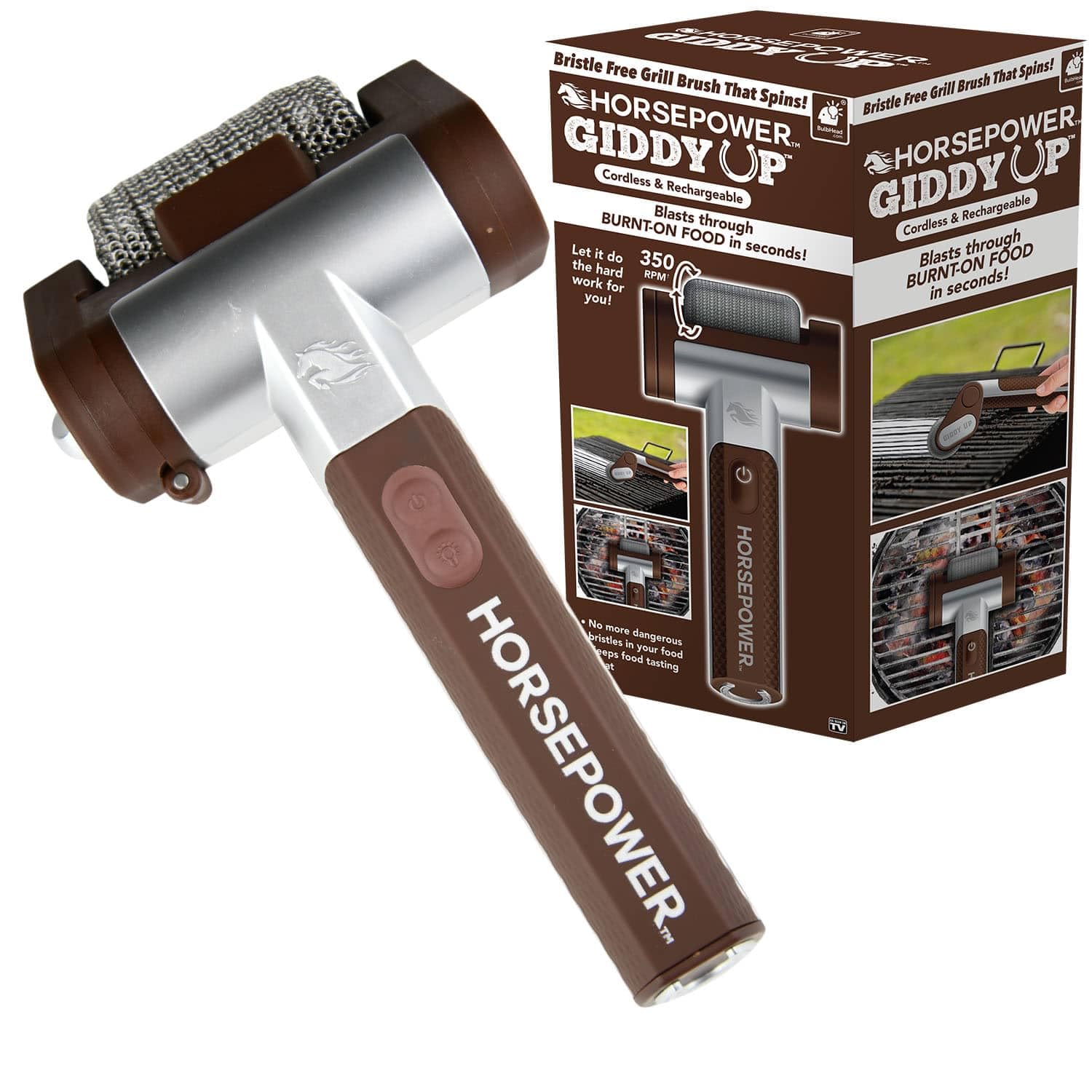 Horsepower Giddy Up Bristle-Free Spinning Grill Brush w/LED, AS-SEEN-ON-TV, Cordless & Rechargeable, 304 Stainless Steel Power Roller Blasts Away Burnt-On Food, No Preheating, 350 RPM, 9 in, Brown