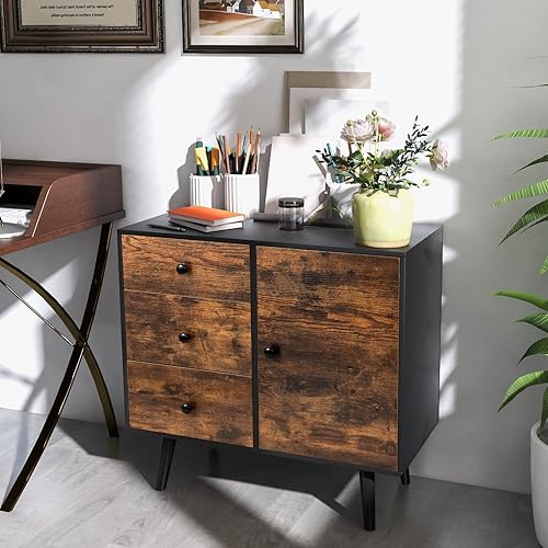 Miniatura 4 de Tangkula Armario de almacenamiento con 3 cajones y puerta, gabinete de madera industrial con estante ajustable, aparador retro de granja para