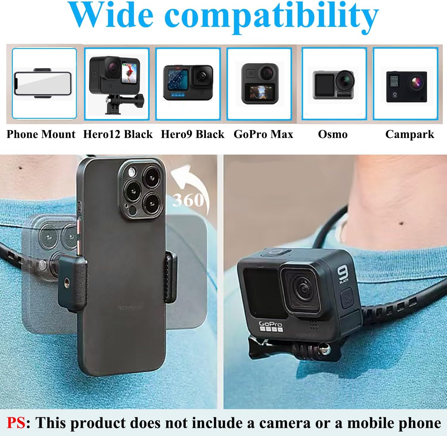 360° Adjustable Hands-Free Chest Mount for GoPro/DJI Insta360 (Quick Release Neck Strap, 3 Devices Support, Anti-Slip Design), Perfect for Vlogging & Outdoor Activities