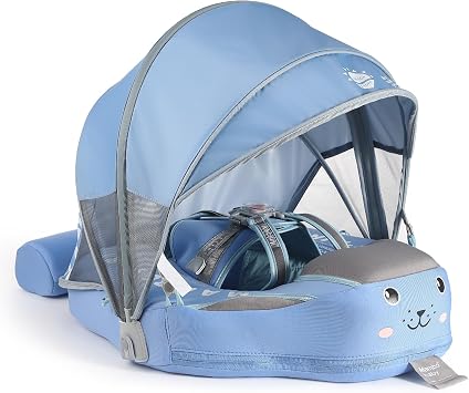 2026 Mambobaby Float, Baby Floats with Canopy for Infants 3-24 Months, Non-Inflatable Pool Floats with Adjustable Safety Strap & Upgrade Tail, Waist Swimming Ring for Toddler, Baby Blue
