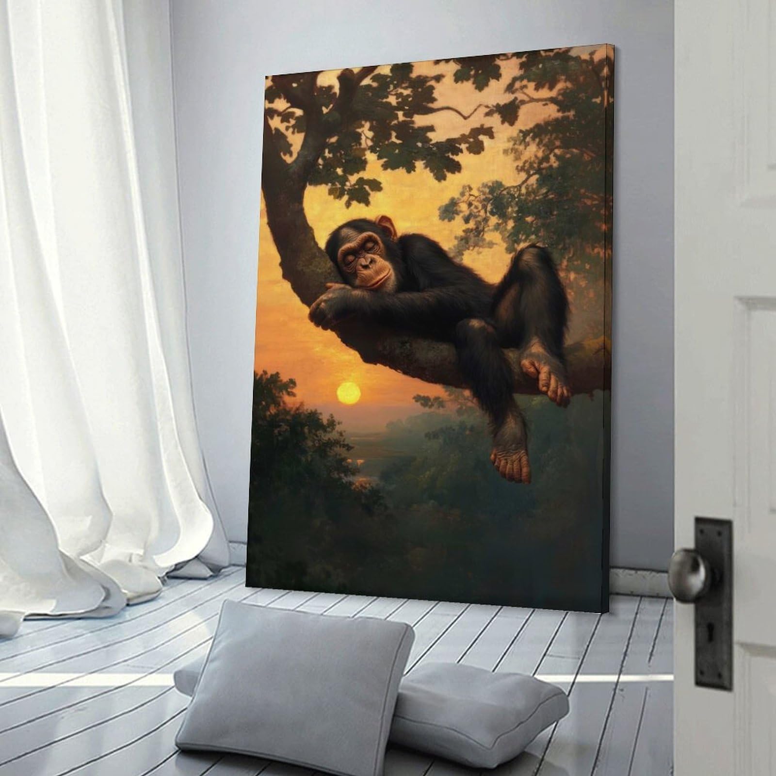 Junmoney Frame-Style-12 Canvas Art Print Chimpanzee Sunset Slumber, 24X36inch(60X90cm), For Contemporary Homes, Apartments Or Offices, Decorative Canvas Decor For Home Updates