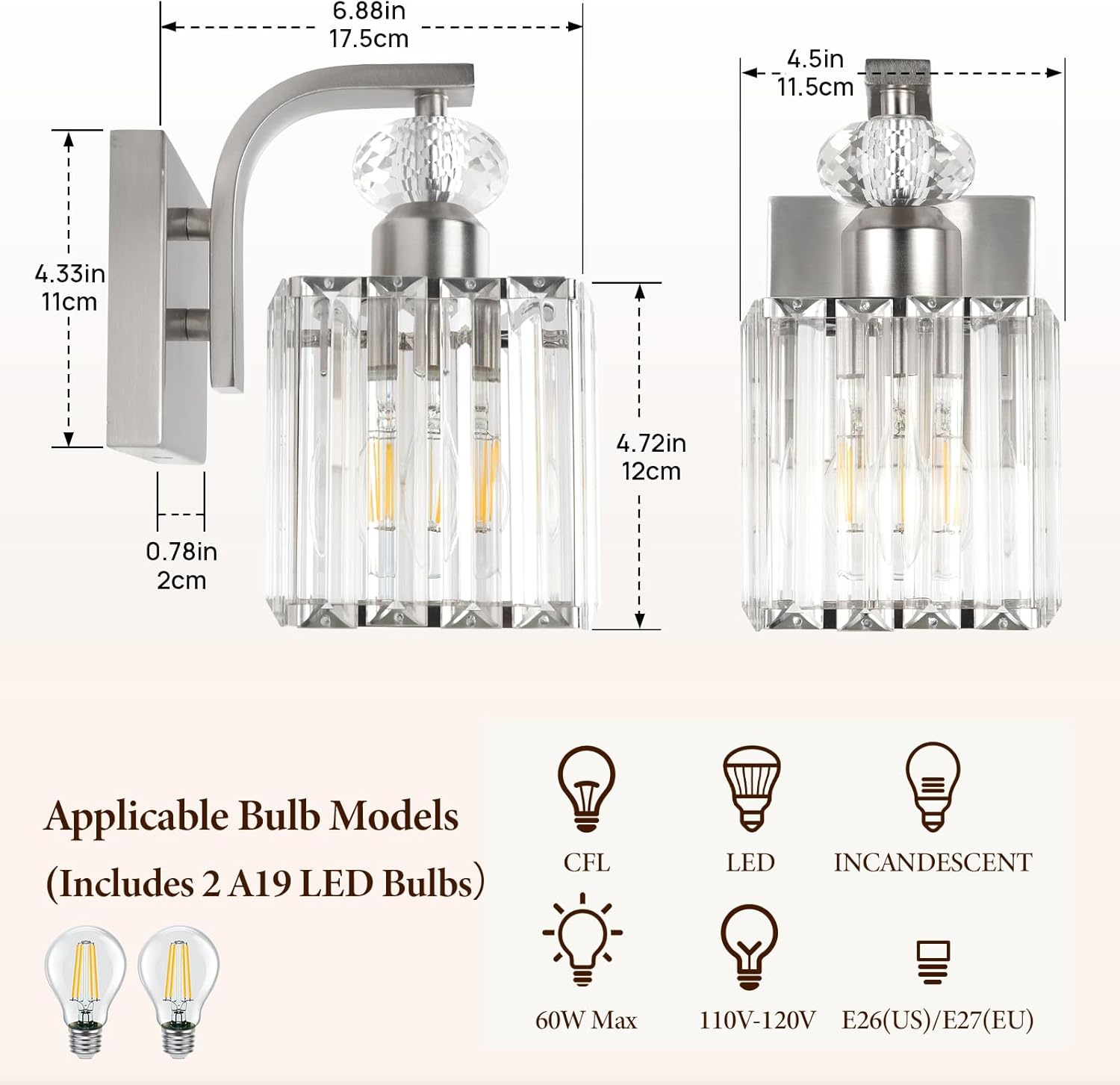 Wall Sconces Set of 2, Nickel Wall Sconce with Crystal Lampshade, Modern Vanity Lights for Bathroom, Wall Lights for Living Room Bedroom, Includes 2 LED Bulbs