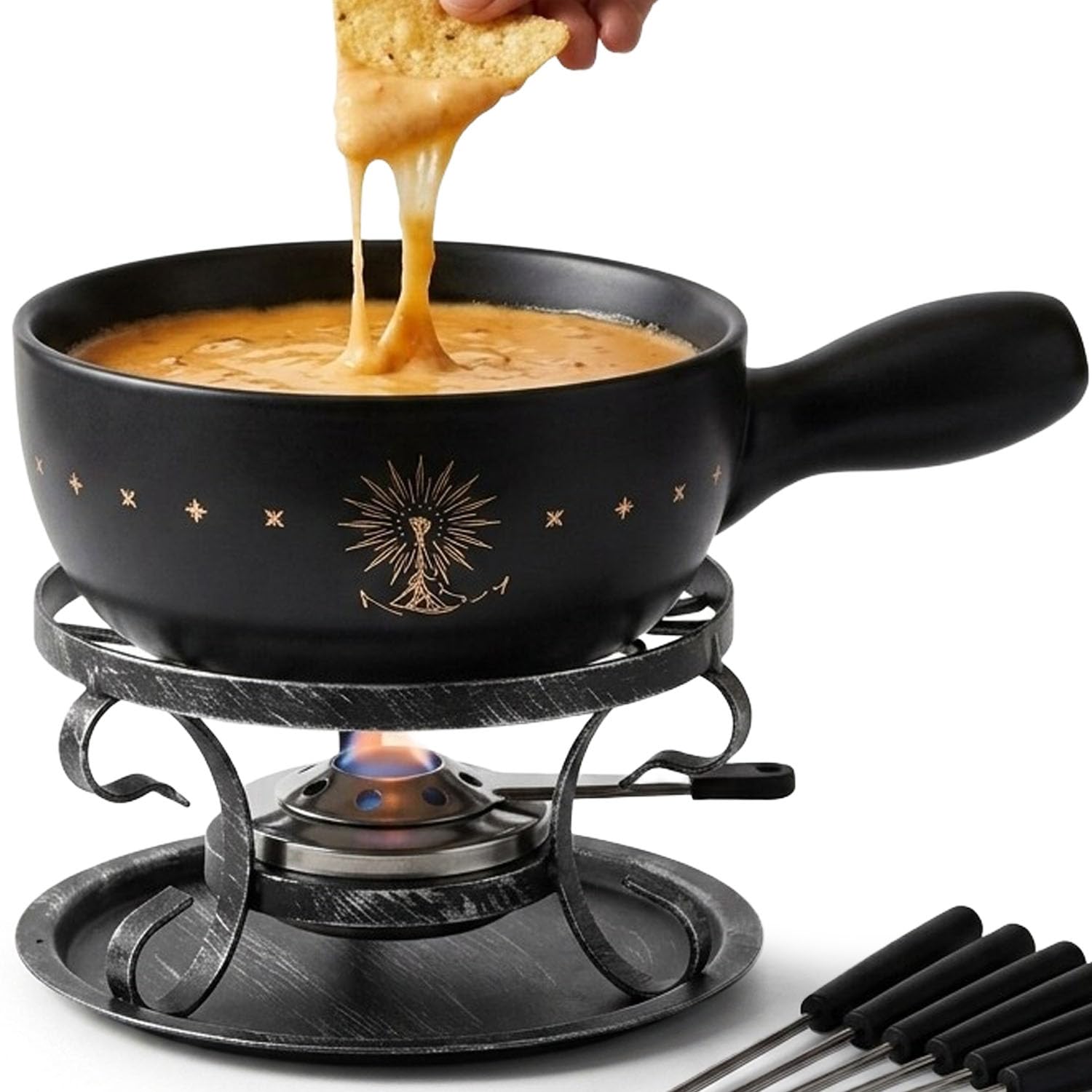 Artestia Ceramic Fondue Pot Set for Cheese & Chocolate, 2L Fondue Set for 6 People with Burner, Stand & Forks, Swiss Style Melting Pot for Party, Date Night & Gift - 2