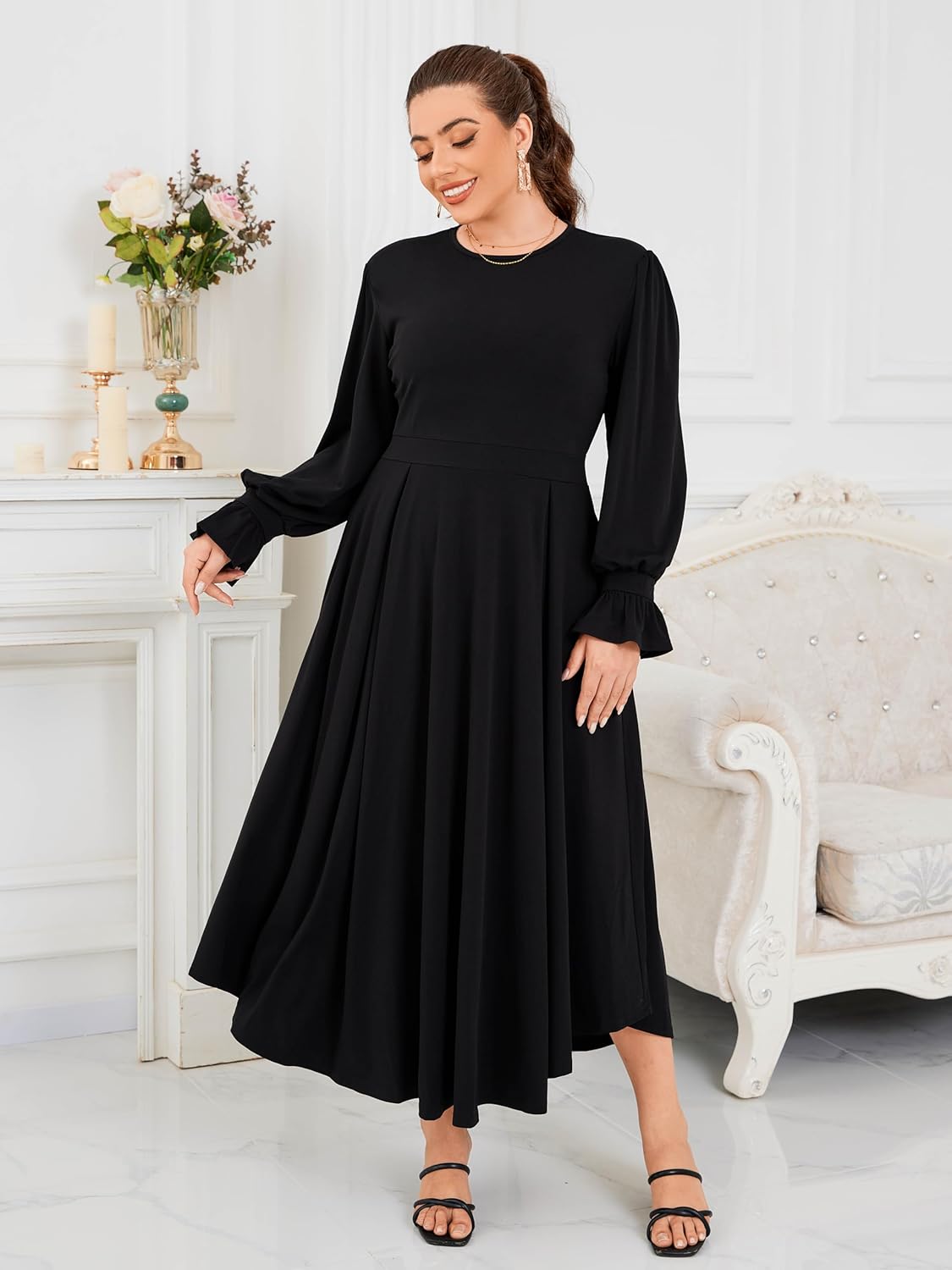 Plus Size Maxi Dress for Curvy Women Long Puff Sleeve Crewneck Stretchy Empire Waist A-line Flowy Outfits with Pockets - Image 9