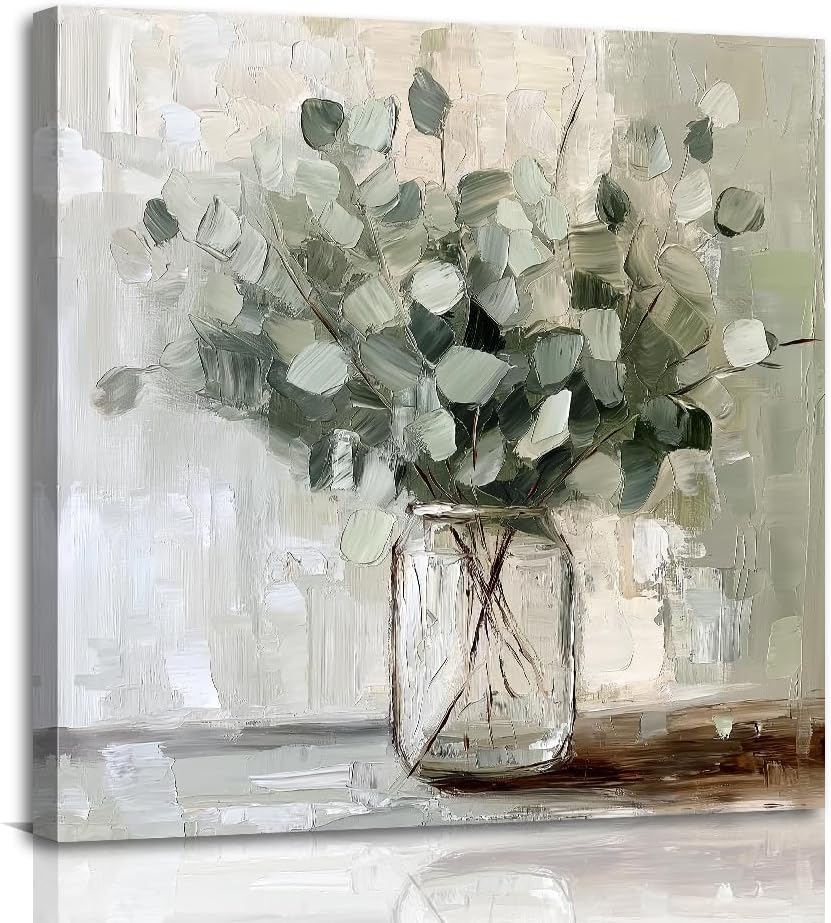 Botanical Canvas Wall Art Eucalyptus Picture Wall Decor Flower Vase Paintings Sage Green Poster Vintage Farmhouse Prints for Bathroom Kitchen Decor Framed(Plant-2,12.00" x 12.00")