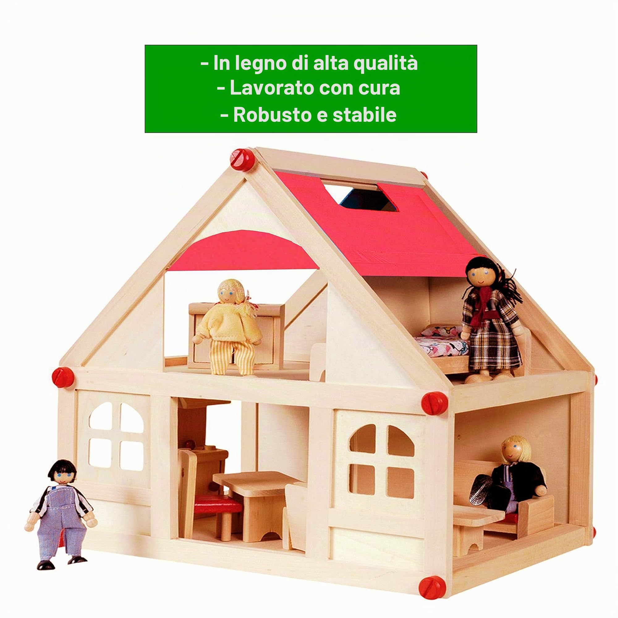 Izzy Casa delle bambole in legno con 2 piani, 4 bambole e 9 mobili | Maniglia per il trasporto (casa delle bambole per bambini con 2 piani, mobili e accessori) - (38 x 27 x 39 cm)