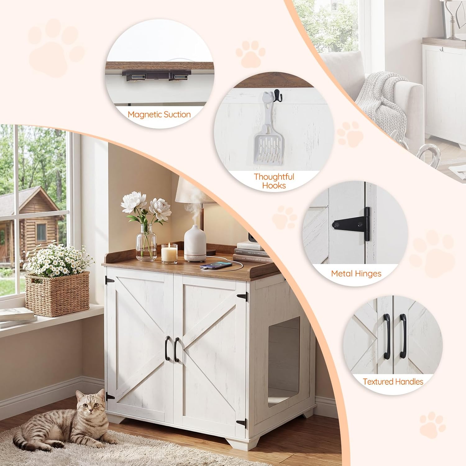 HOOBRO Automatic Litter Box Furniture for Large Capacity, Large Robotic Litter Box Cabinet with Charging Station and Hooks, Cat Litter Box Enclosure with Storage Top, White and Walnut WH89UMW01N2