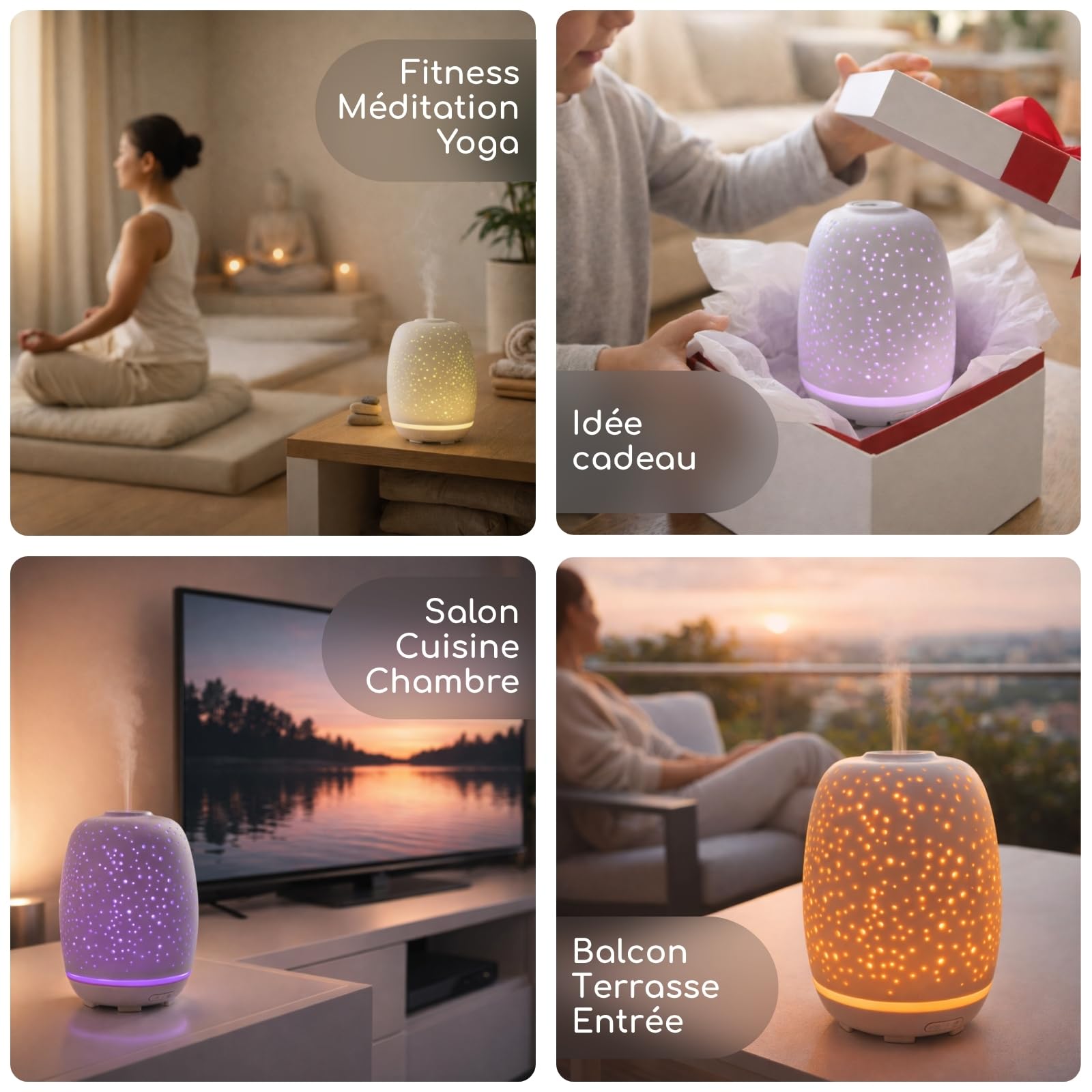 Zen’Arôme Diffuseur d’Huile Essentielle Stella – Diffuseur Ultrasonique Aromathérapie à Froid - Diffuseur Électrique Multifonction en Céramique - Éclairage LED d’Ambiance Coloré – Arrêt Automatique