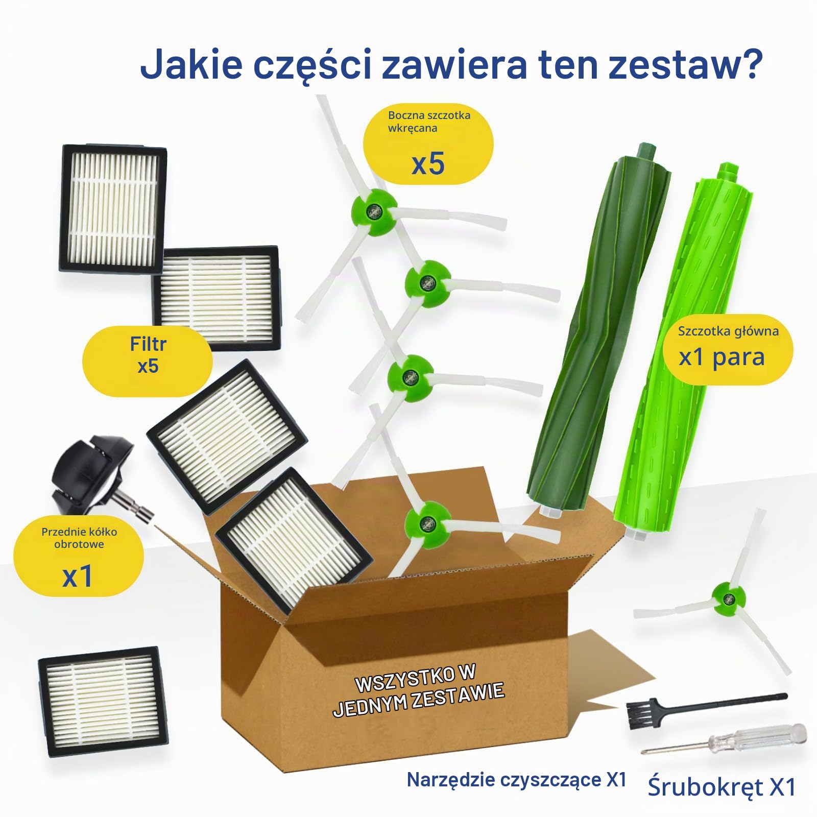 Części zamienne do iRobot Roomba i/E Series i1 i1+ i2 i2+ i3 i3+ i4 i4+ i5 i5+ i6 i6+ i7 i7+ i8 i8+, e5/e6 – 1 szczotka główna, 5 zielonych szczotek bocznych, 5 filtrów, 1 przednie kółko