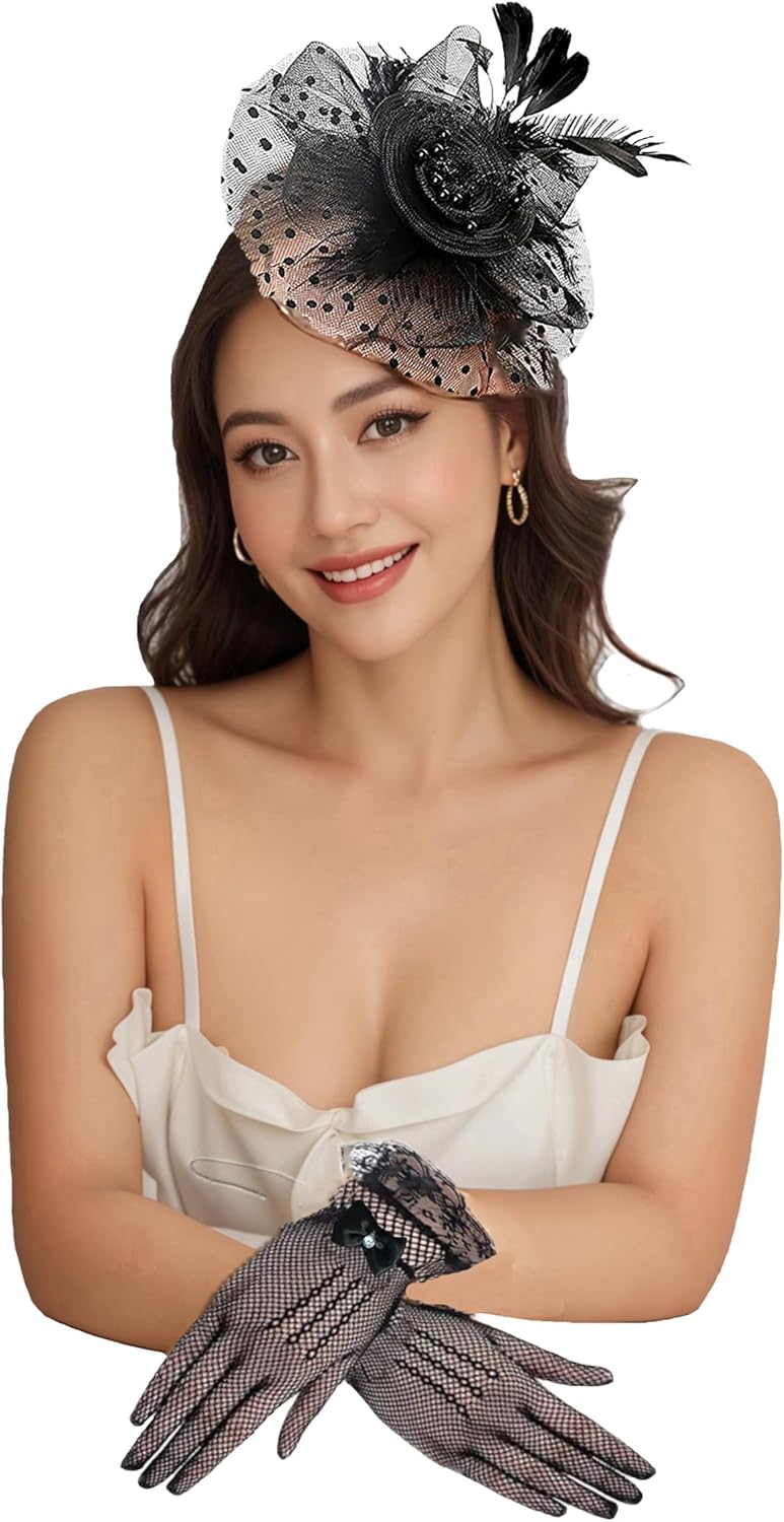 Durzasvo Women's 2PC Fascinator and Lace Glove Set Wedding Tea Party