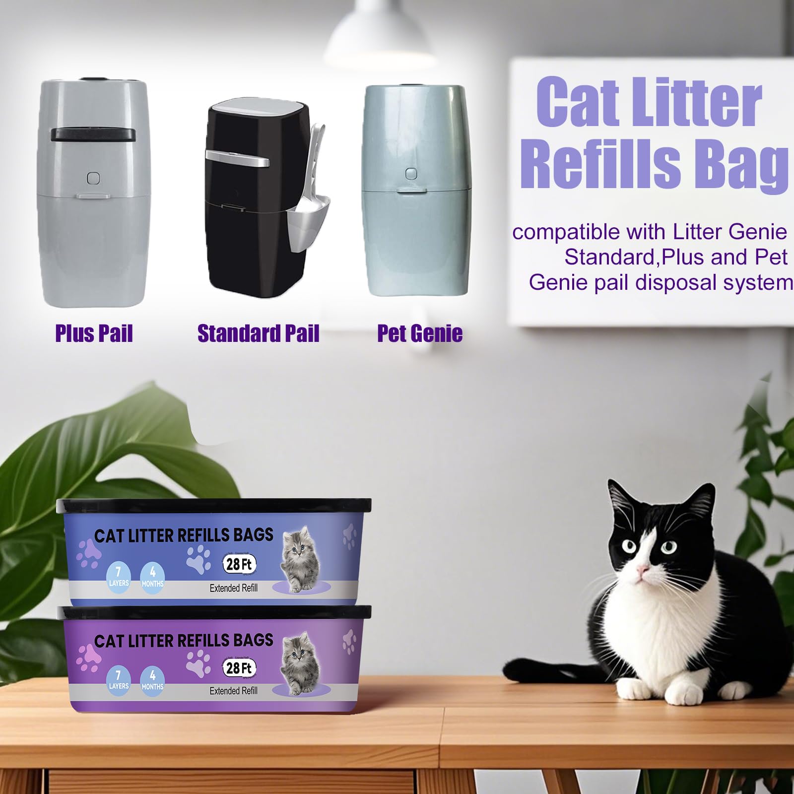 compatibles Litter Genie Standard, Plus,XL,Style para Cubos de Arena para Gatos, Bolsas de Recambio para Arena para Gatos, Control Superior de olores,8.5M, Paquete de 2 Piezas