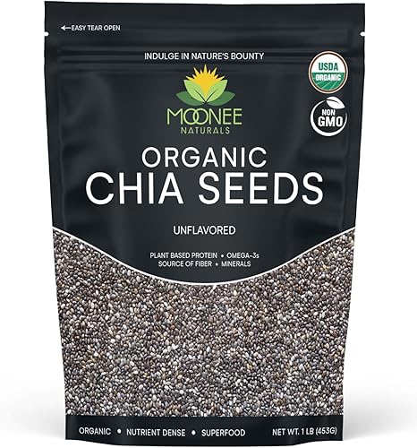 Moonee Naturals - Semillas de chía orgánicas (1 libra) - Orgánico USDA - Certificado sin OMG - Negro natural, Omegas 3 a base de plantas y proteína