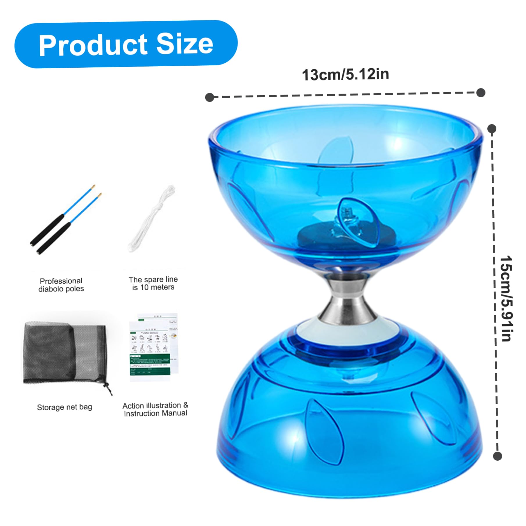 Set Yoyo Cinese con Triplo Cuscinetto Diabolo Yoyo Blu con Borsa a Rete con Corde per Bambini e Adulti