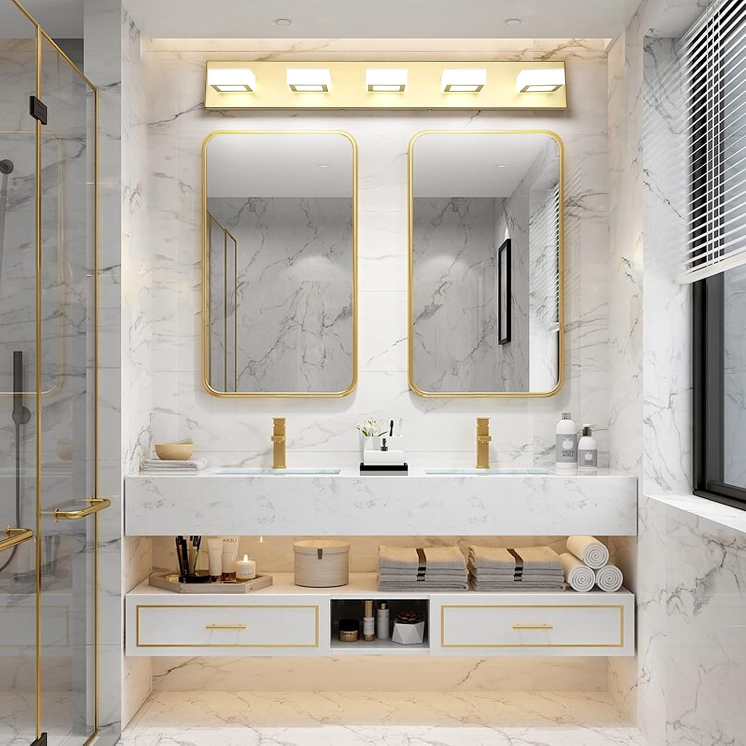 Ralbay Gold Bathroom Vanity Light 5 Light Acrylic Modern LED Vanity Lighting fixtures Bathroom Wall Lights