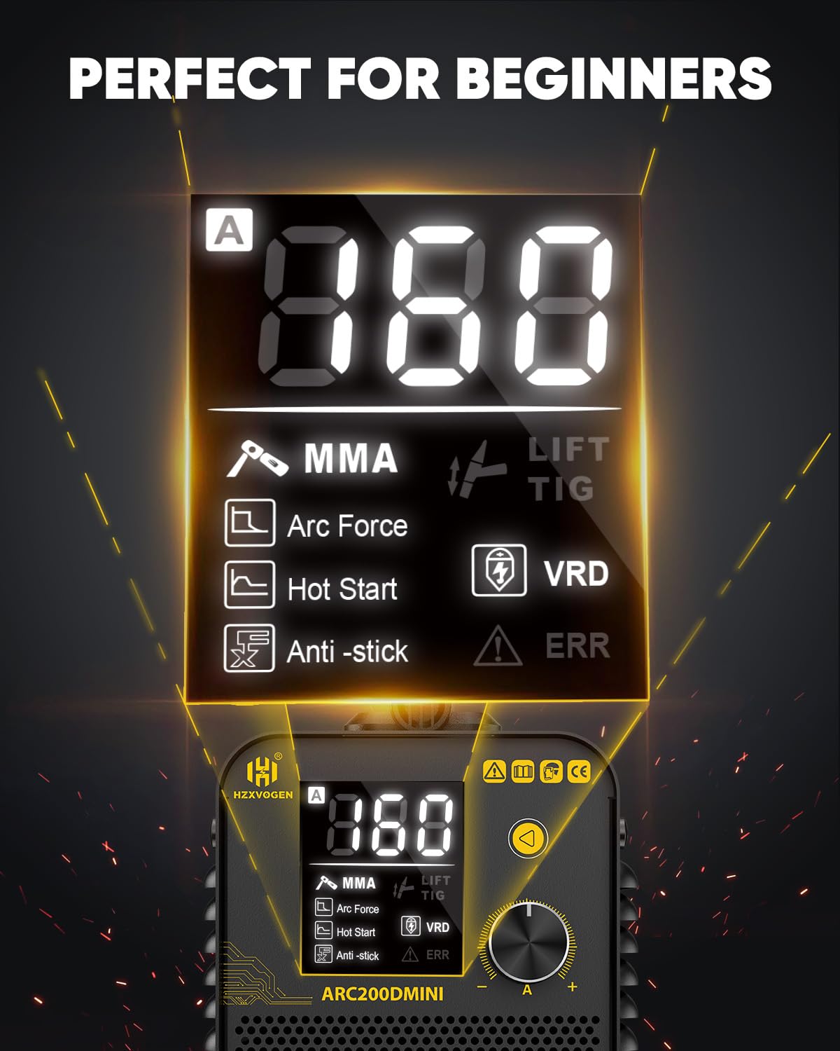 H HZXVOGEN Mini Spawarka Inwertorowa 230V 200A, 2 w 1 MMA & Lift TIG, Przenośna Spawarka Elektrodowa dla Początkujących i Majsterkowiczów, z Wyświetlaczem LED, Hot-Start, Anti-Stick