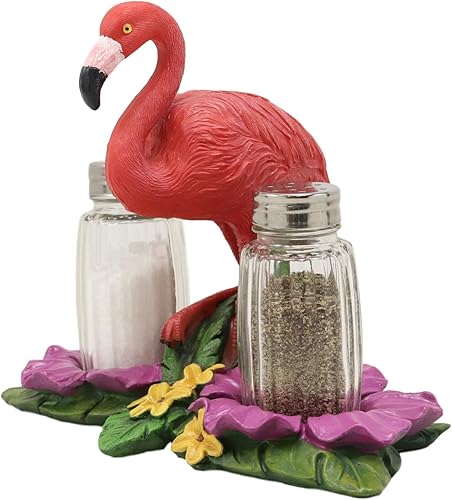 Miniatura 3 de Ebros Tropical Paradise Bird - Estatua de flamenco rosa con cristal para sal y pimentero, juego de decoración de pájaros vadeo elegante, 7.25