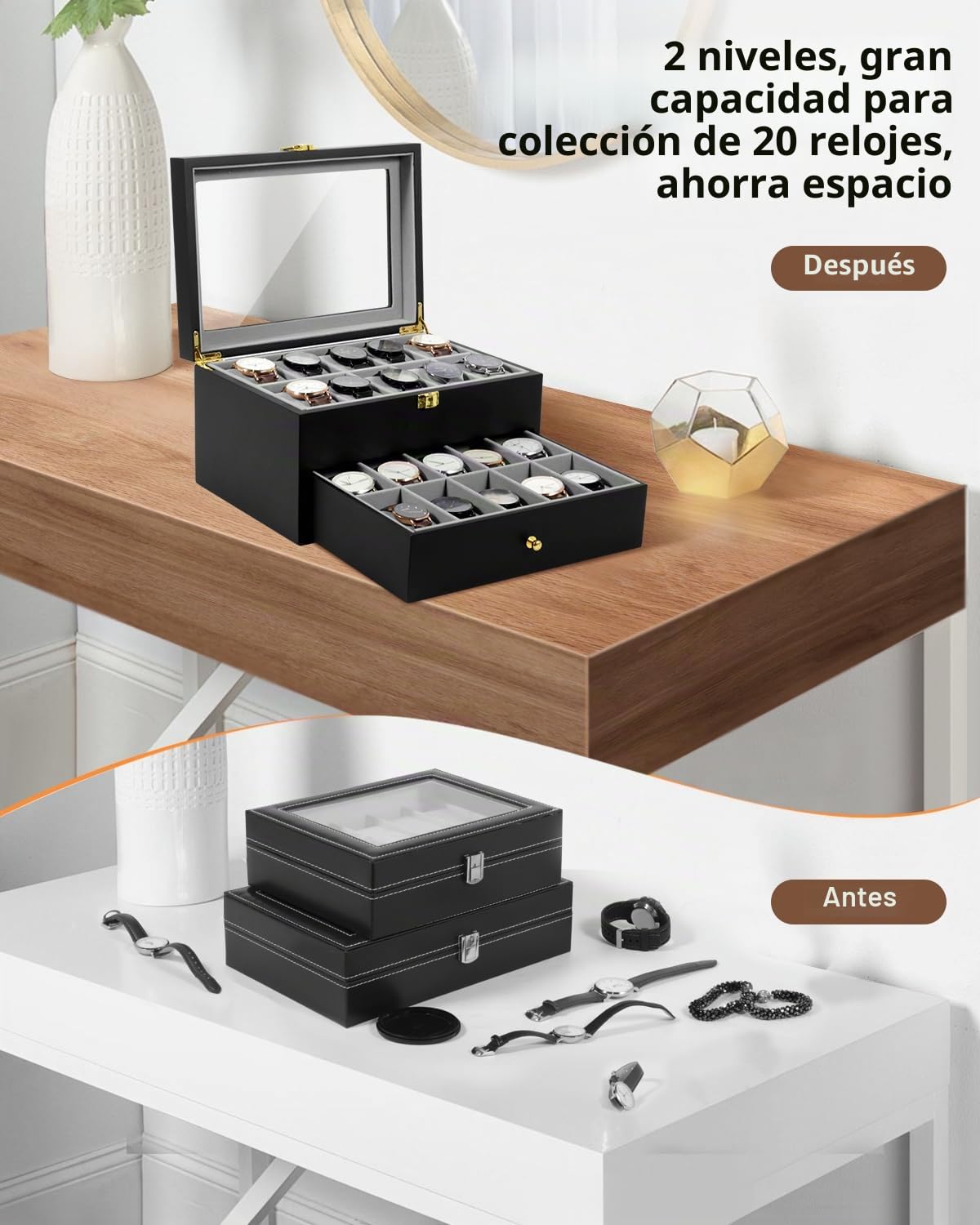 Uten Estuche para Relojes de Madera 2 Capas 20 Compartimentos Joyero