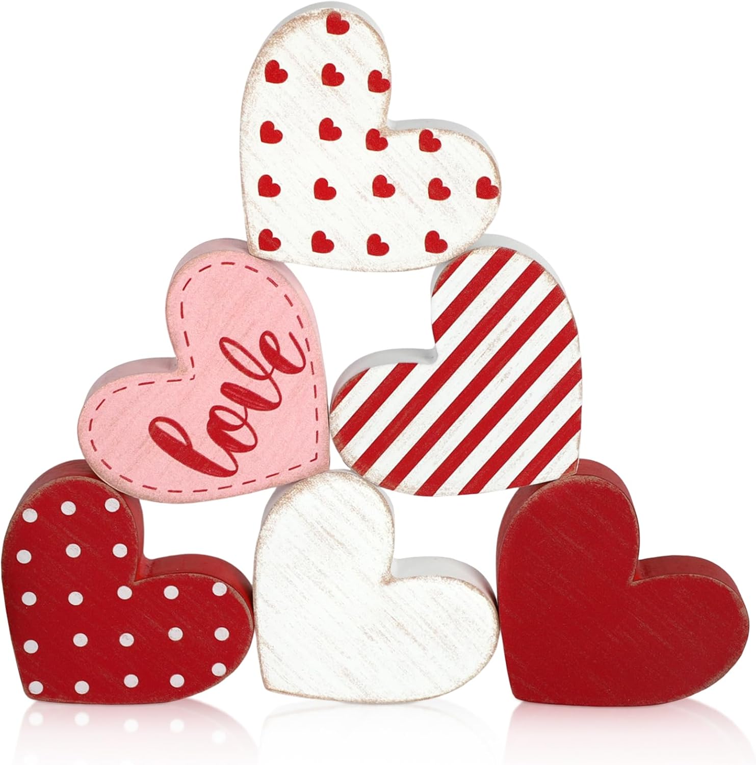 COCHIE Wooden Hearts 4th of July Decorations Indoor, Wood Heart Blocks Memorial Day Tiered Tray Decor Set of 6, Red Blue White Veterans Day Decoration for Home Party Office Shelf Mantle (Patriotic)