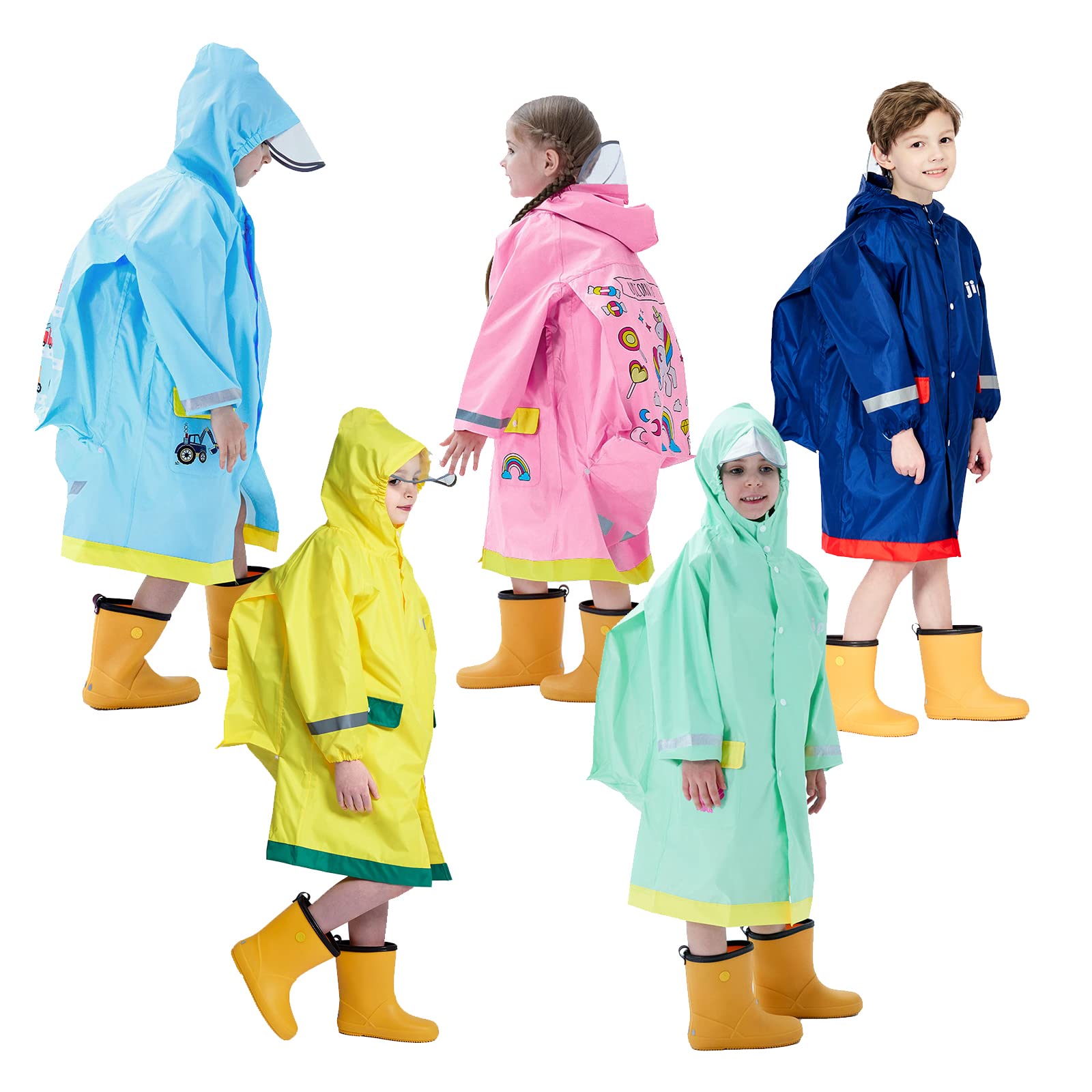 Poncho Pluie á Capuche Enfants Combinaison Imperméable Manteau Cape Vetement Veste Léger Long Réfléchissant Randonnée Running Sport Animal Imprimé Unisexe Filles Garçons 3-12 Ans