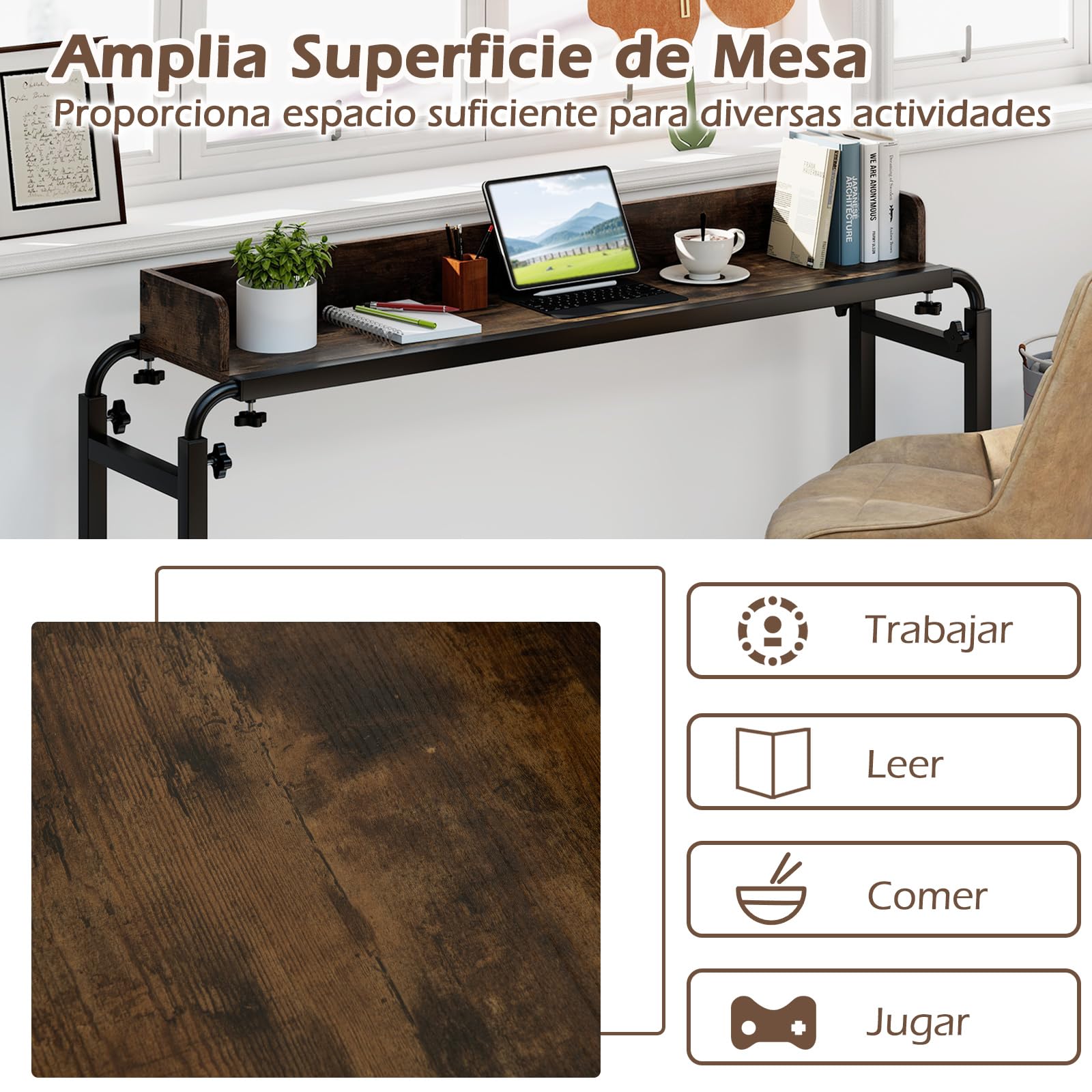 GYMAX Mesa de Cama Rodante Ajustable, Escritorio Móvil Versátil de 117 X 35 CM, Altura y Anchura Modificables, Compatible con Varias Camas, Diseño Industrial Moderno, para Hogar, Oficina, Hospital
