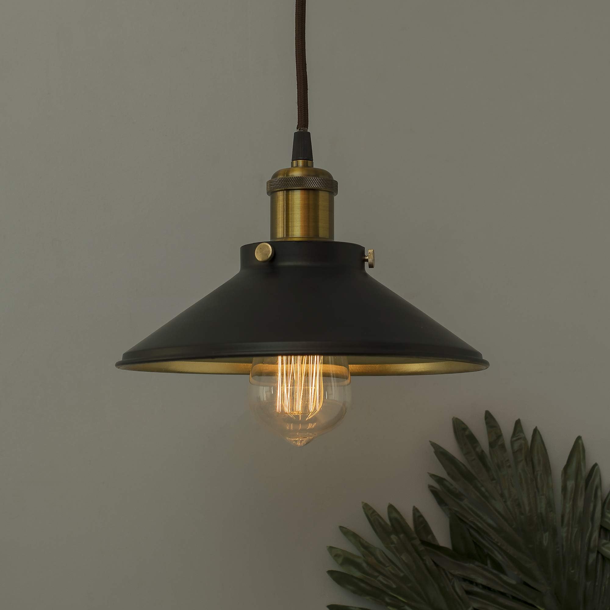 Industrial Vintage Metal Modern Nordic Pendant Light with Antique Brass Shade | E27 Hanging Ceiling Lamp for Kitchen, Dining, Bedroom, Café & Bar Warm Glow, (Black Gold)