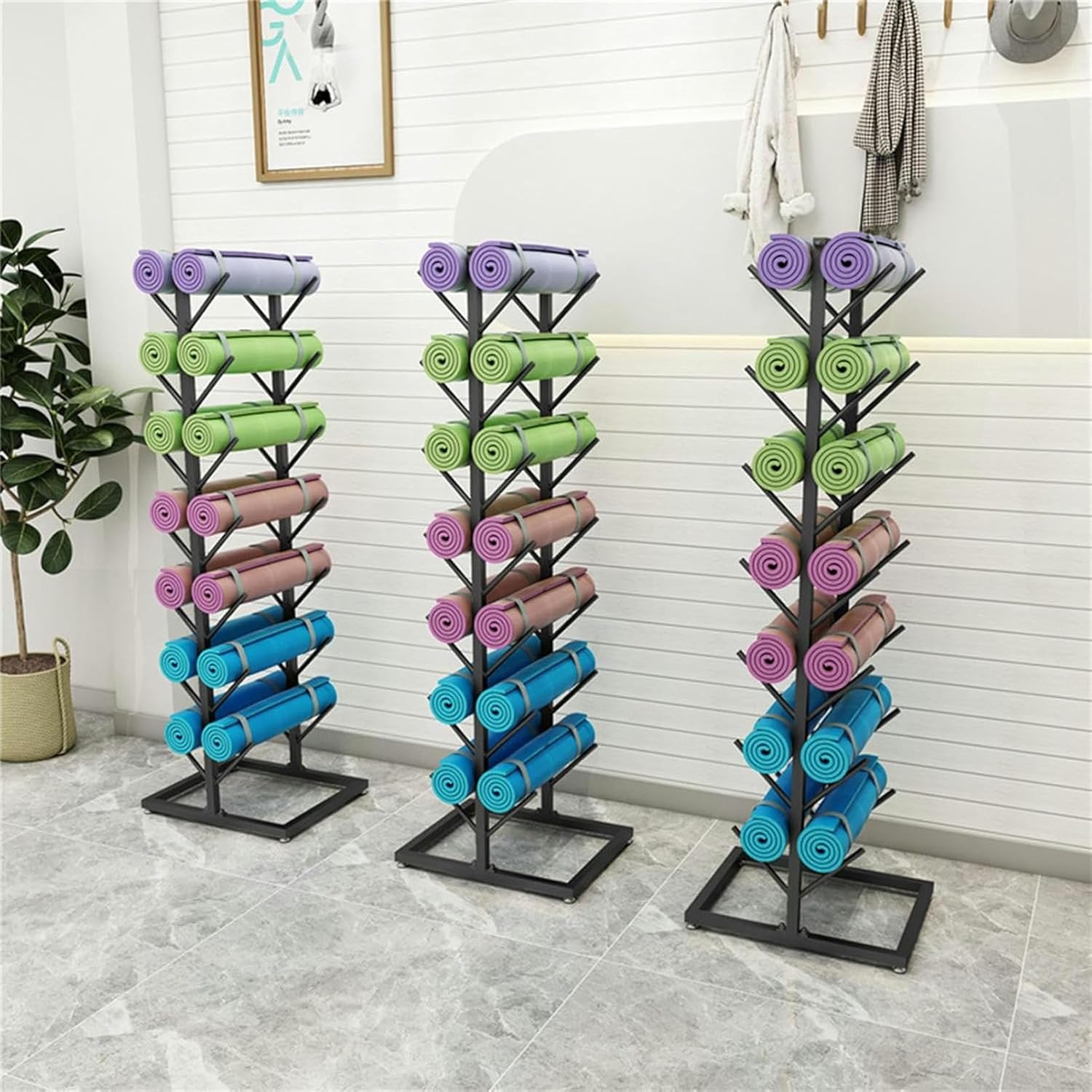 DONGGANSHI Floor-standing Yoga Mat Storage Rack, Metal Foam Roller Storage Organizer Holds 5-14 Exercise Mats, Large Commercial Gym Accessories Organizer for Home Gym School 7