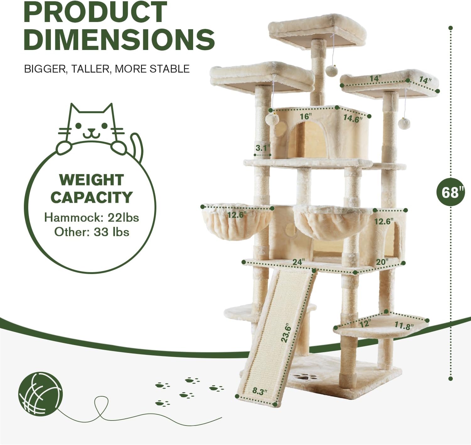 IMUsee 68 Inches Multi-Level Large Cat Tree for Large Kitties/Big Cat Tower with Condo/Cozy Plush Perches/Sisal Scratching Posts and Hammocks/ ‌Feline Activity Center Play House/Beige