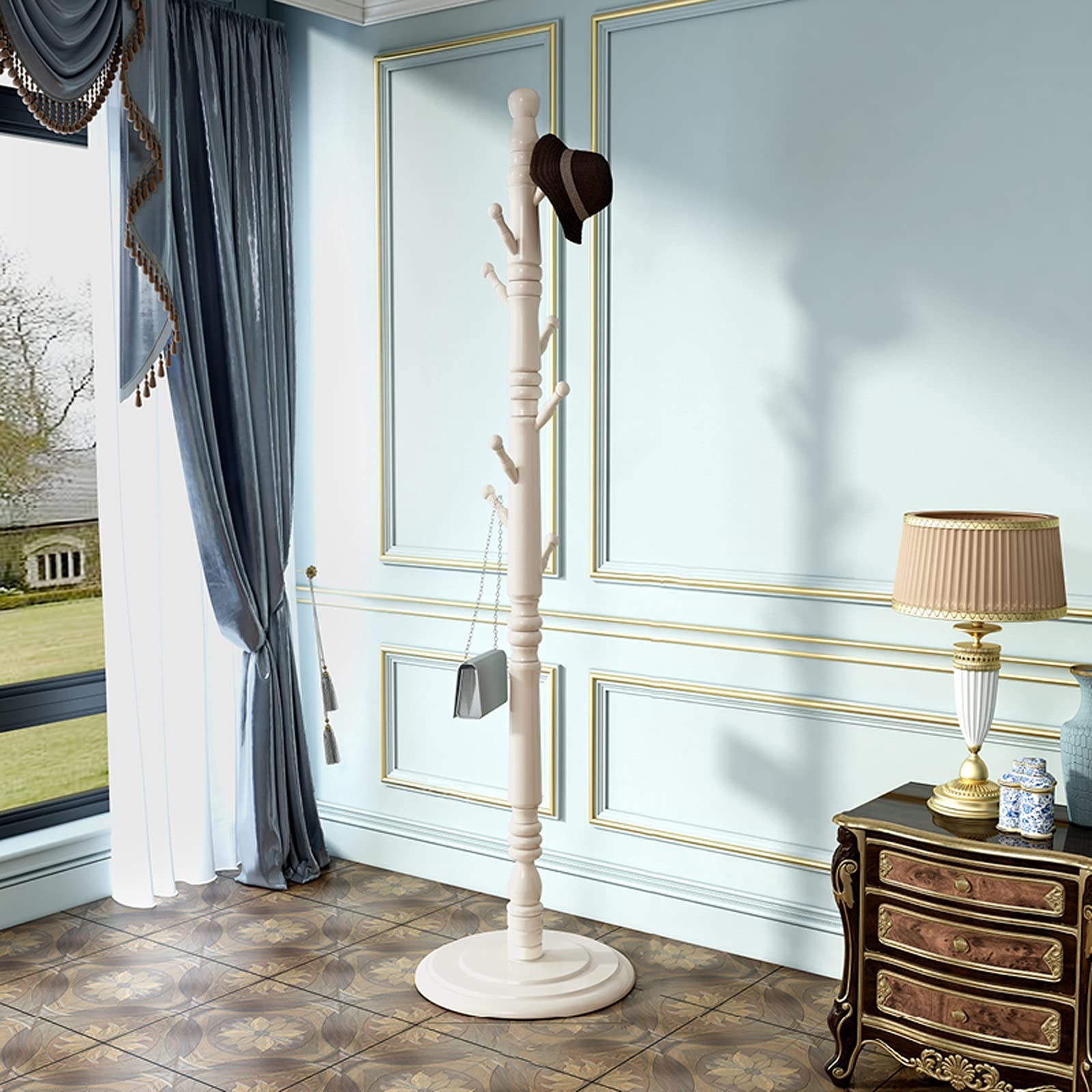 Garderobenständer aus Holz mit 8 Haken, einfache Montage, Stehgarderobe für Schlafzimmer, Wohnzimmer, Eingangsbereich, Rot, 40 x 176 cm