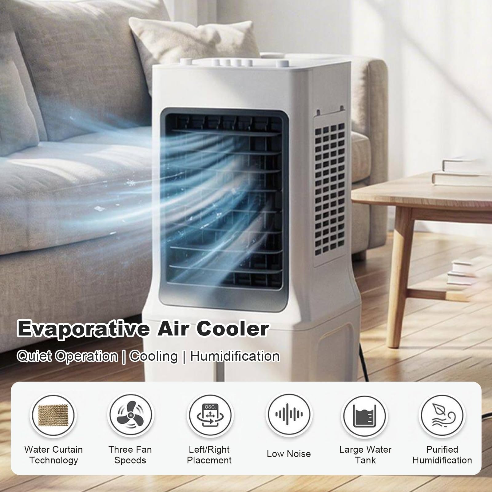 Condizionatore Portatile, Raffrescatore Evaporativo Silenzioso con 3 Velocità, Ventilatore di Raffreddamento Oscillante a 60° con Maniglia per Casa e Ufficio