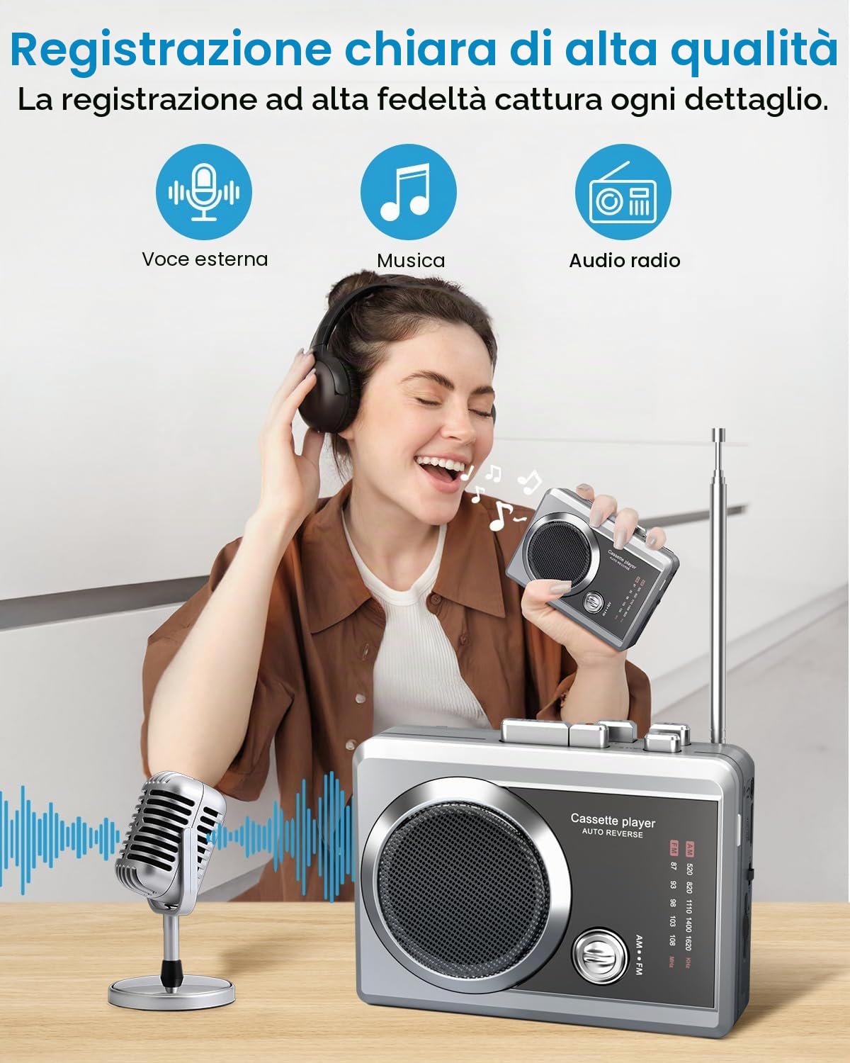 Lettore registratore a cassette portatile e radio AM/FM, lettore di cassette compatto con jack per cuffie da 3,5 mm, altoparlante integrato, alimentato a batteria/USB
