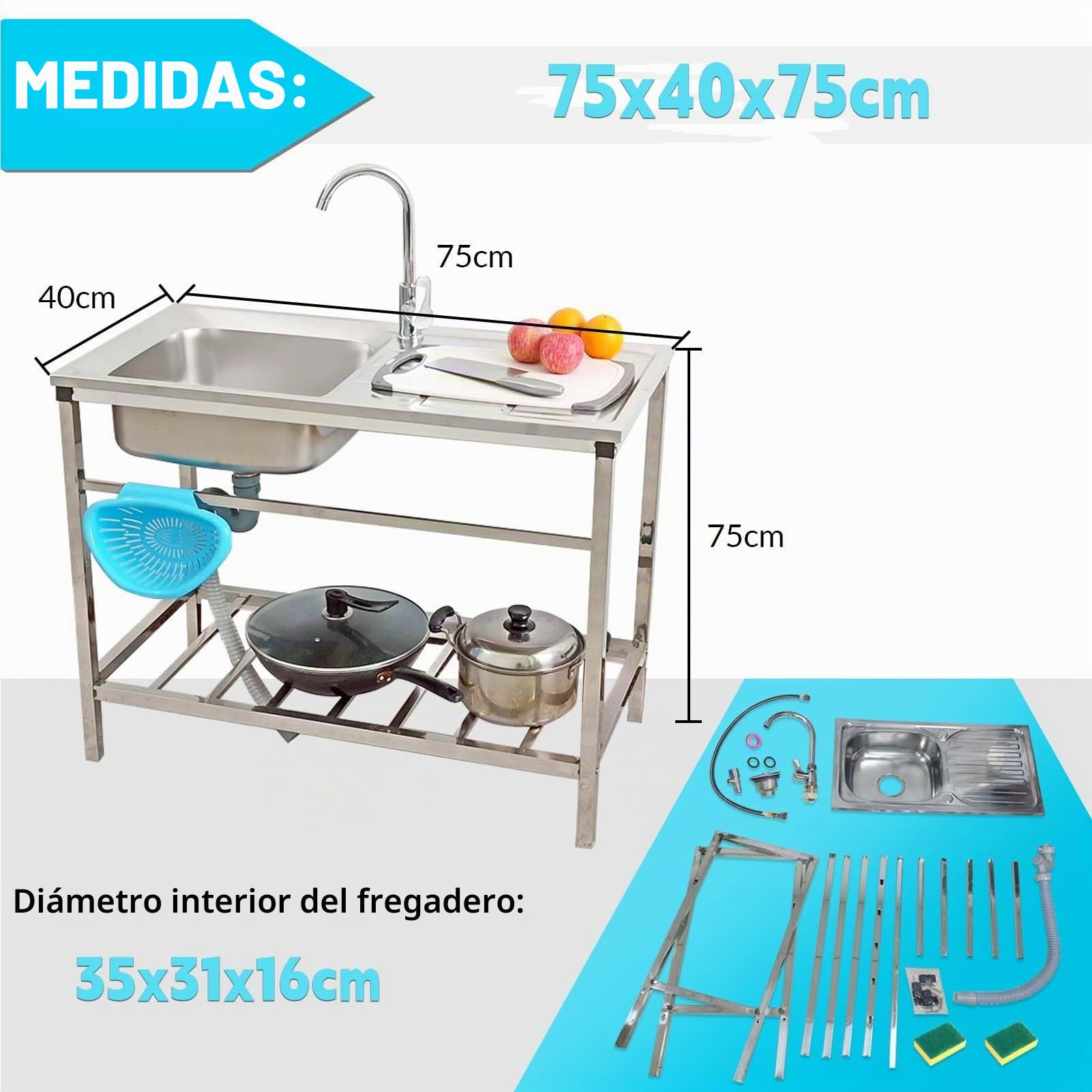 Fregadero De Cocina con Patas Exterior Jardin Mueble Fregadero De Acero Inoxidable Portatil Lavamanos Industriales con Grifo Estante Y Escurridor Pila De Lavar para Jardin Camping Garaje Comercial