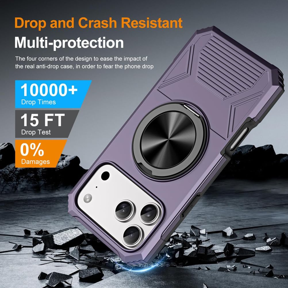 Magnetisch Hülle für iPhone 17 Pro Max/17 Pro/17 Air/17, Militär Stoßfeste rutschfeste Schutzhülle mit Drehbarer Ring Ständer Handyhülle,Schwarz,17
