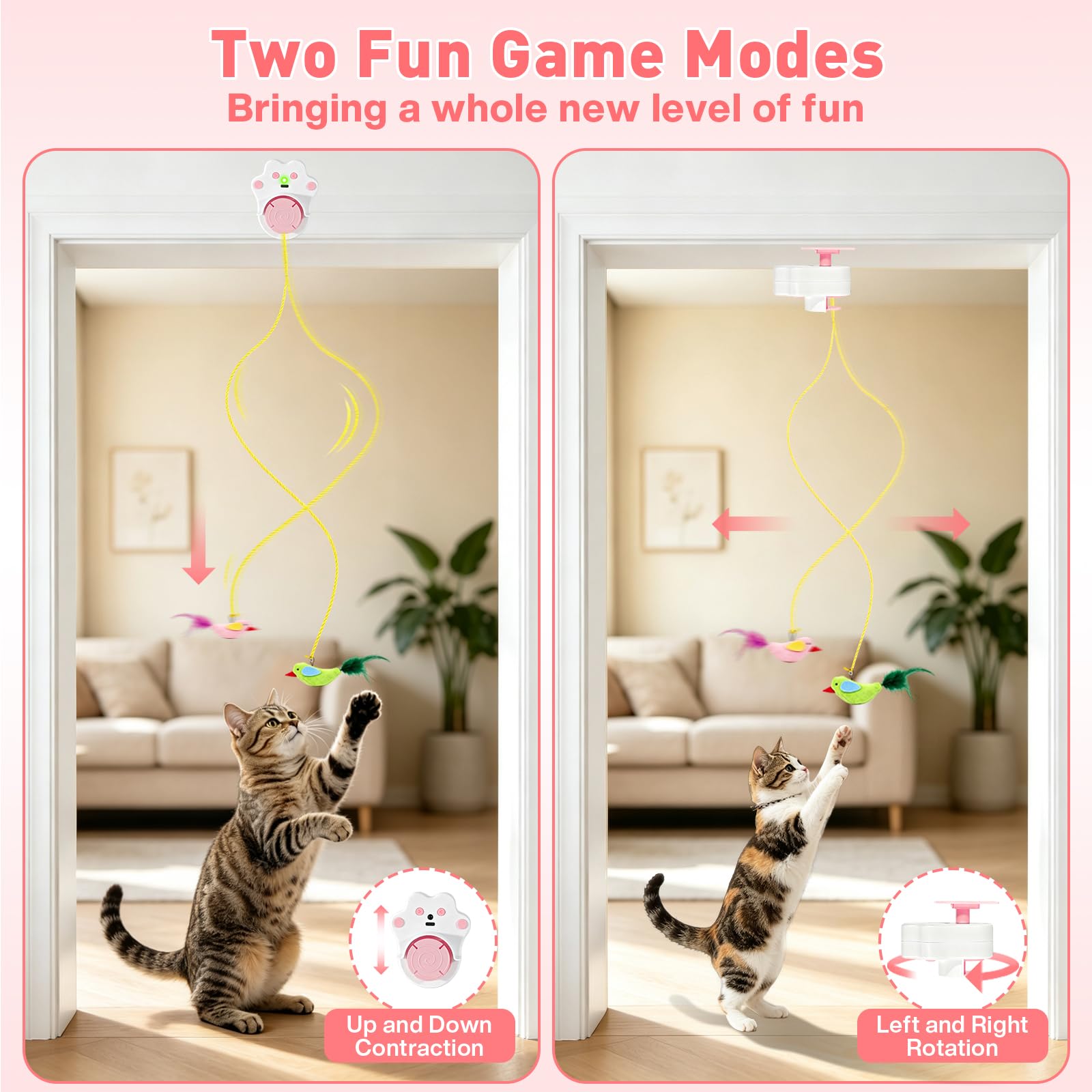 DoubleCare Juguetes interactivos para gatos de interior, juguete automático de plumas de pájaro volador para gatitos aburridos y gatos adultos, manos libres o de mano, rosa