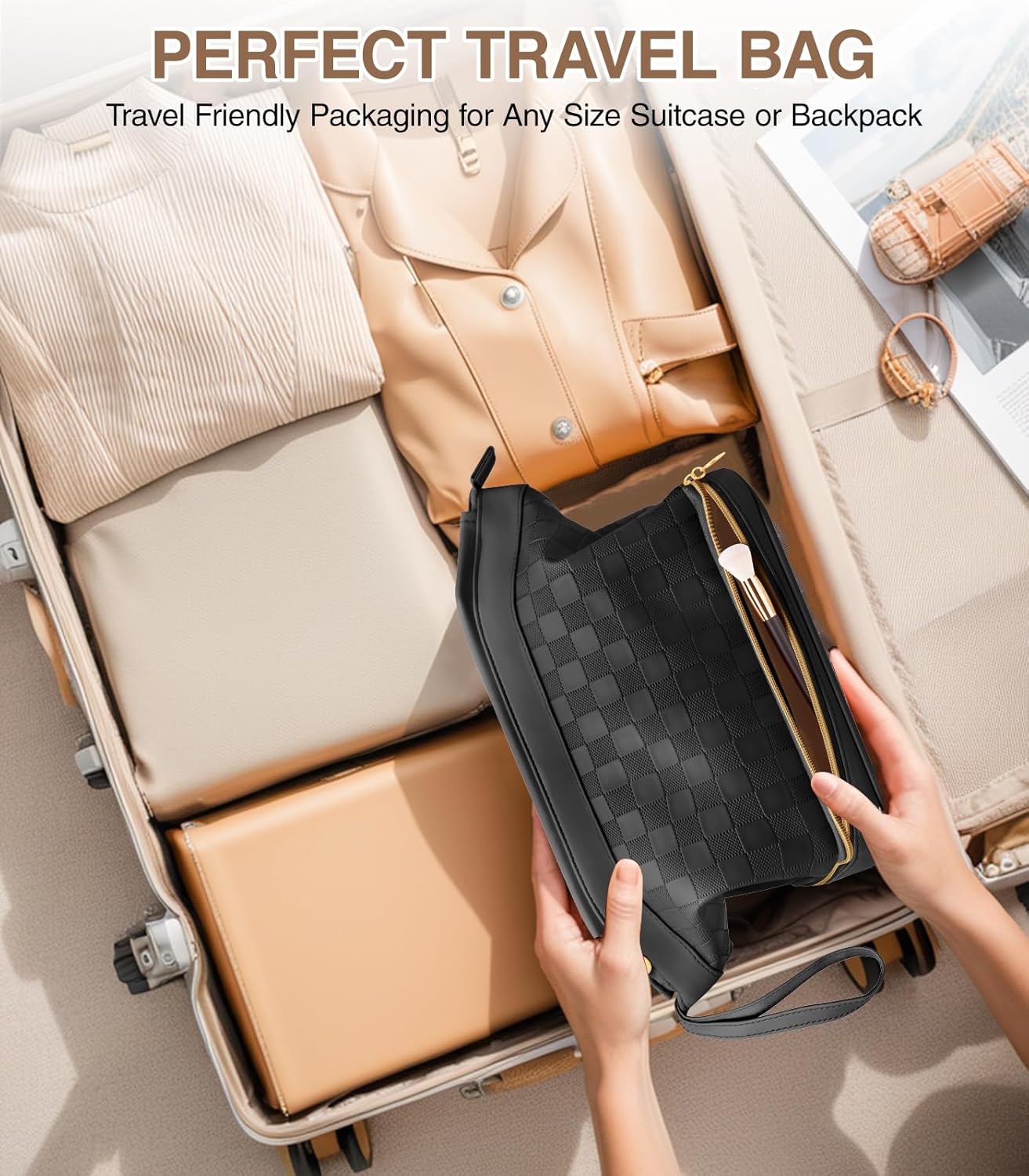 Toiletry Bag for Women, Large Makeup Bag with Double Layer Design, Waterproof Checkered Makeup Organizer Bag, PU Leather Cosmetic Travel Bag with Brush Compartment, Black - Image 5