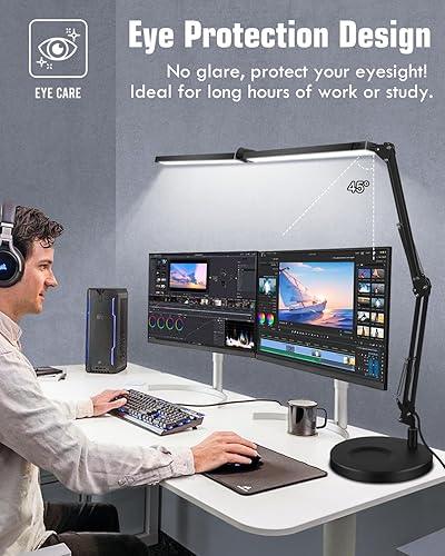 Miniatura 6 de Toolour Lámparas LED de escritorio para oficina en casa 2 en 1 lámpara de escritorio de doble cabezal con base de abrazadera, control remoto, clip