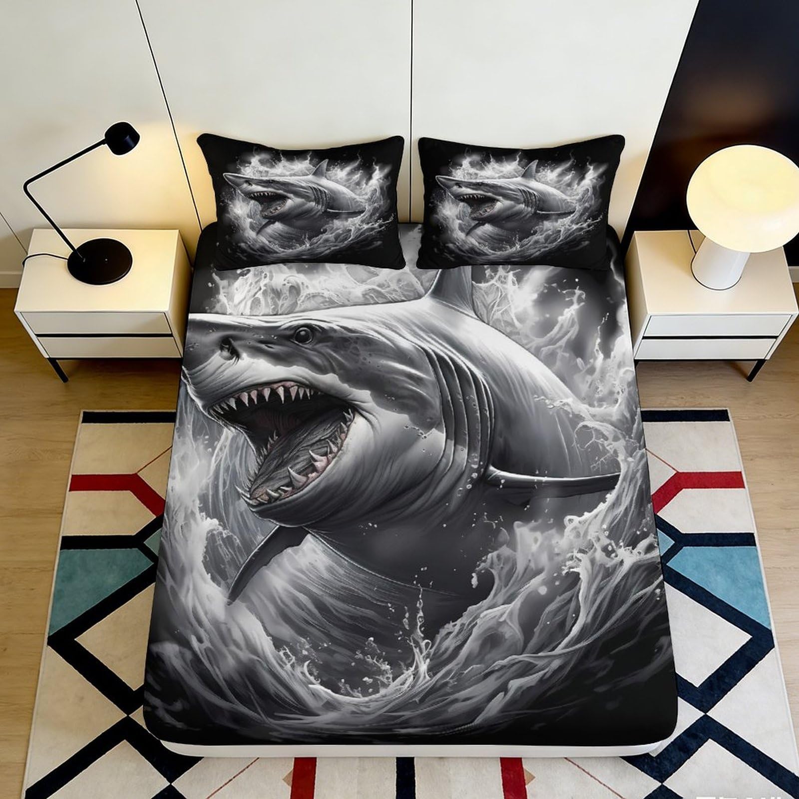 3D Printed Shark Pattern Fitted Sheet Microfiber Soft Durable 3D Printed Ocean Monster Bed Cover for Bedroom Dormitory Guest Room Mattress Protection 90x200x25cm
