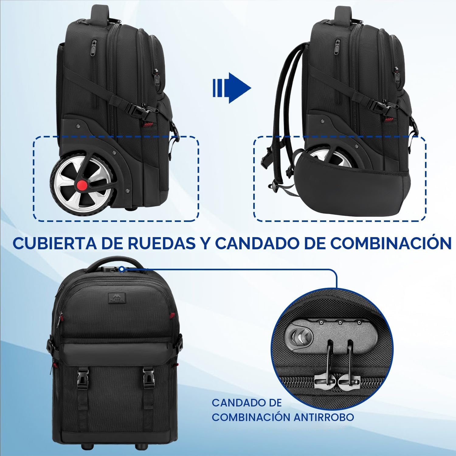 MATEIN Mochila con Rueda Adulto, Trolley con Ruedas Grande 50L Antirrobo Impermeable Hombre Maleta con Ruedas Ocultables y Compartimento Portatil 17 Pulgadas para Viaje, Trabajo, Universidad, Negro