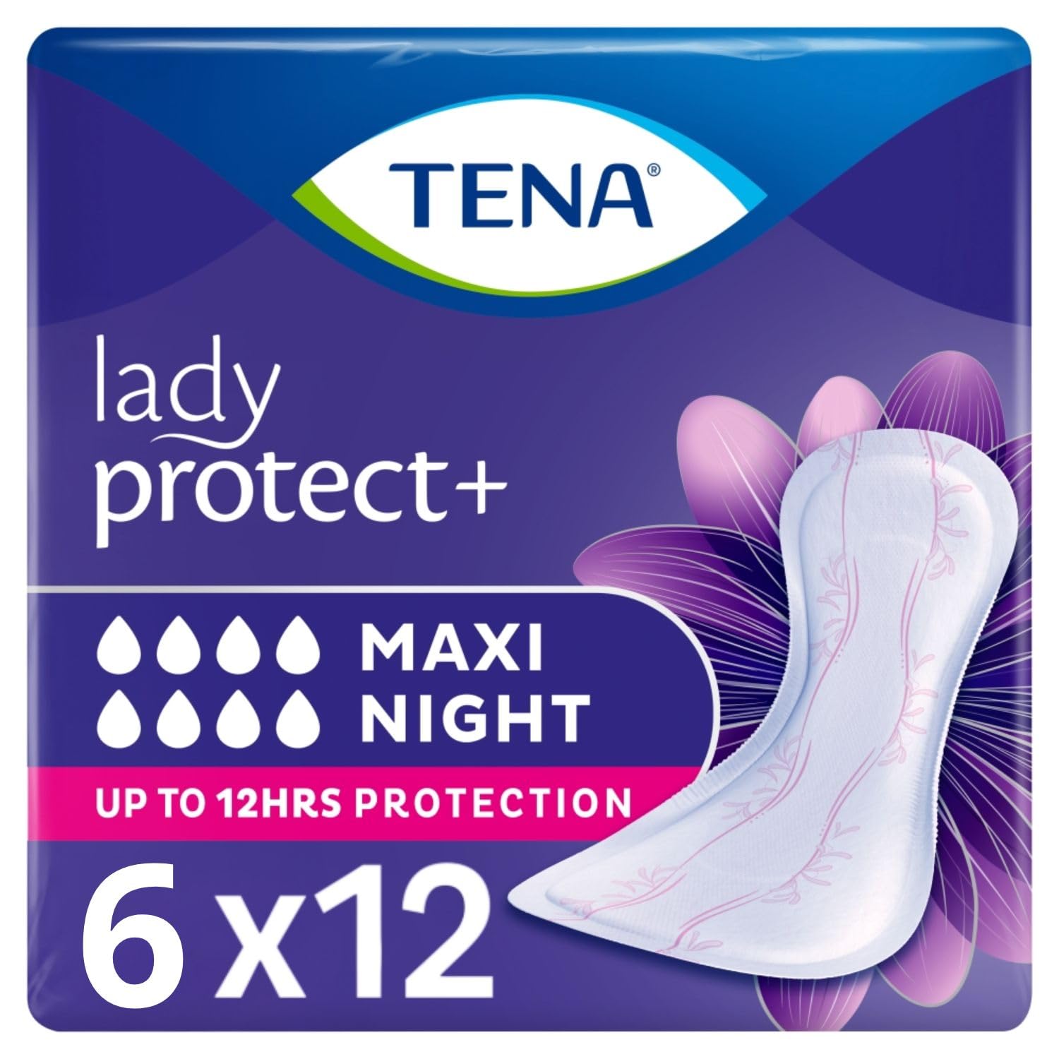 TENA Lady Protect+ Maxi Night Inkontinenzeinlagen für Damen, Nachtbinden bei mittlerer bis starker Blasenschwäche, Saugstärke 8 von 8, 6x12 Stück
