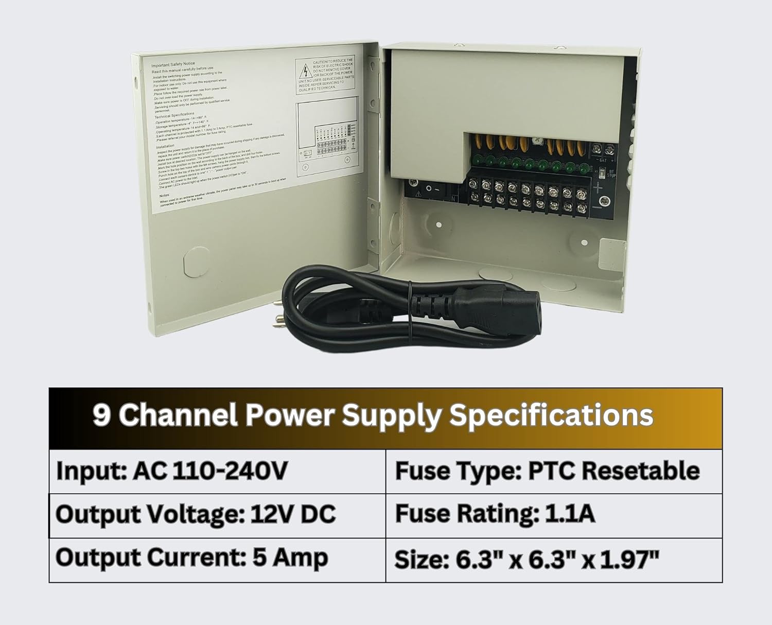 EVERTECH 12 V DC 5 A - Compact CCTV Power Supply Box - 9 Channel Metal Enclosure, PTC Fuse Protection, AC Plug in for AHD, TVI, CVI and Analog Security Cameras.