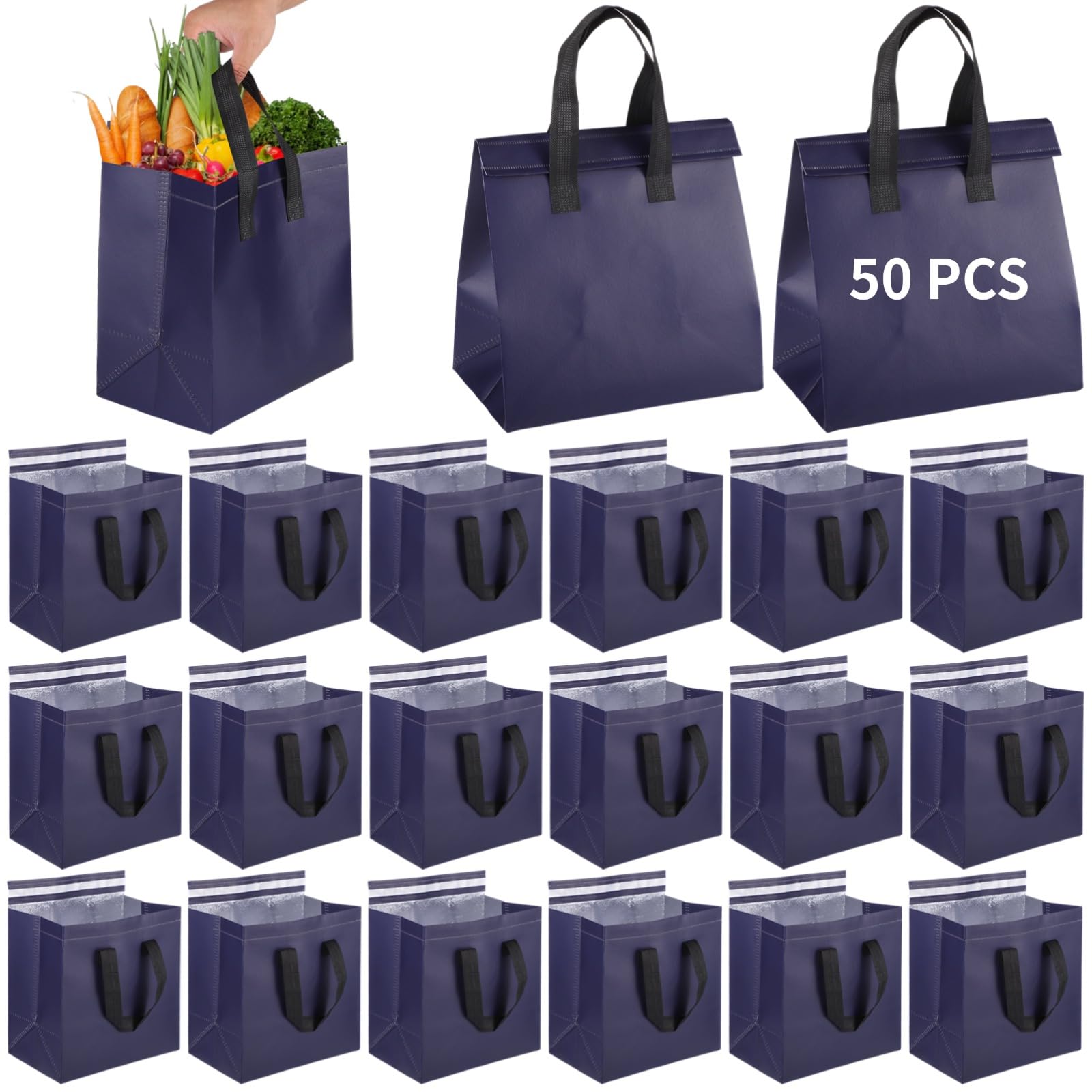 50 Stk. isolierte Kühltaschen, große Thermotasche mit Alufolie und Klebeverschluss, wasserfeste tragbare Einkaufstasche für Picknick, Camping, Mittagessen, Lieferung, Outdoor-Mahlzeiten, Einkauf