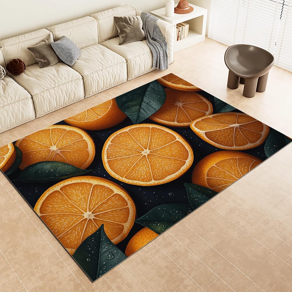 Fresh Orange Fruit Area Rugs, 5x7ft, Dewdrop Plant Leaves 3D Carpet Machine Washable Soft Anti Slip Rugs for Living Room Bedroom Home Office Kitchen Boy Girl Room