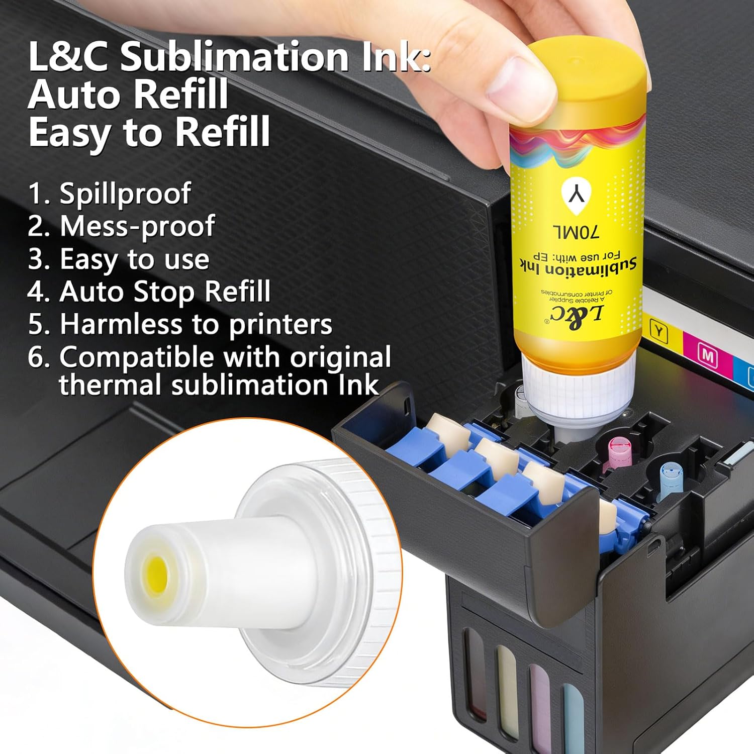 Sublimation Ink for Epson ET-2800 ET-2840 ET-15000 ET-2400 ET-2720 ET-2803 ET-2850 ET-2750 ET-2760 ET-4800 Inkjet Printers Vibrant Colors Non-Fading Easy Heat Press Transfer for Mugs T-Shirts Fabrics