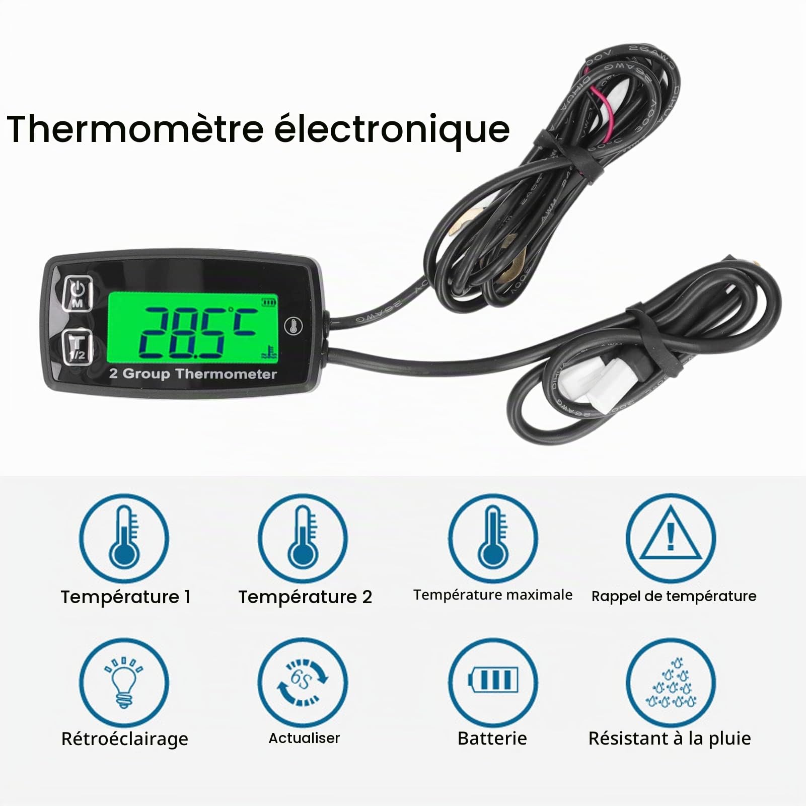 Jauge de température du moteur, Thermomètre LCD à deux voies à affichage numérique Jauge de température du moteur Thermomètre à rétroéclairage vert pour moto, bateau, VTT