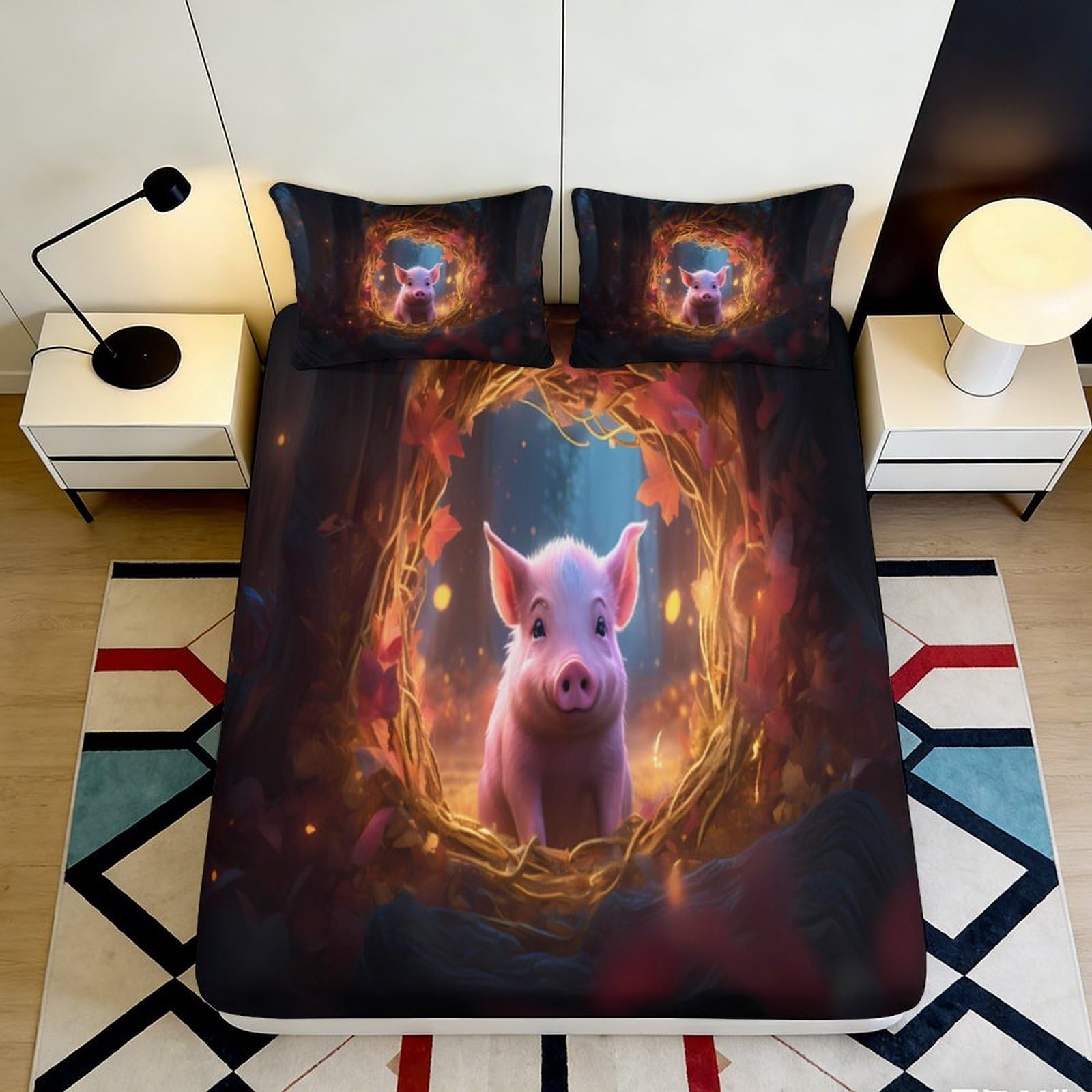 3D Printed Cute Piglet Fitted Sheet Microfiber Soft Durable Animal Print Bed Cover for Bedroom Dormitory Guest Room Mattress Protection 160x200x25cm