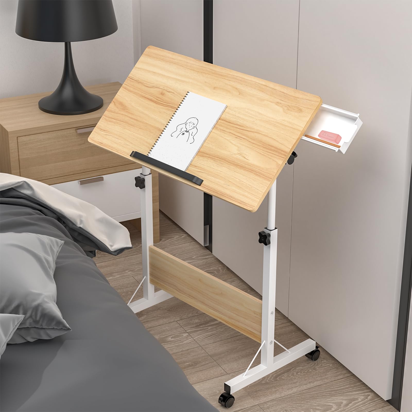 PIPIPOXER Mesa de ordenador plegable de 80x40cm con ruedas, Mesa para portátil ajustable en altura 64-89cm, Escritorio Mesa de ordenador Mesa alta móvil Mesa sobre cama 360°, Mesa auxiliar, Color