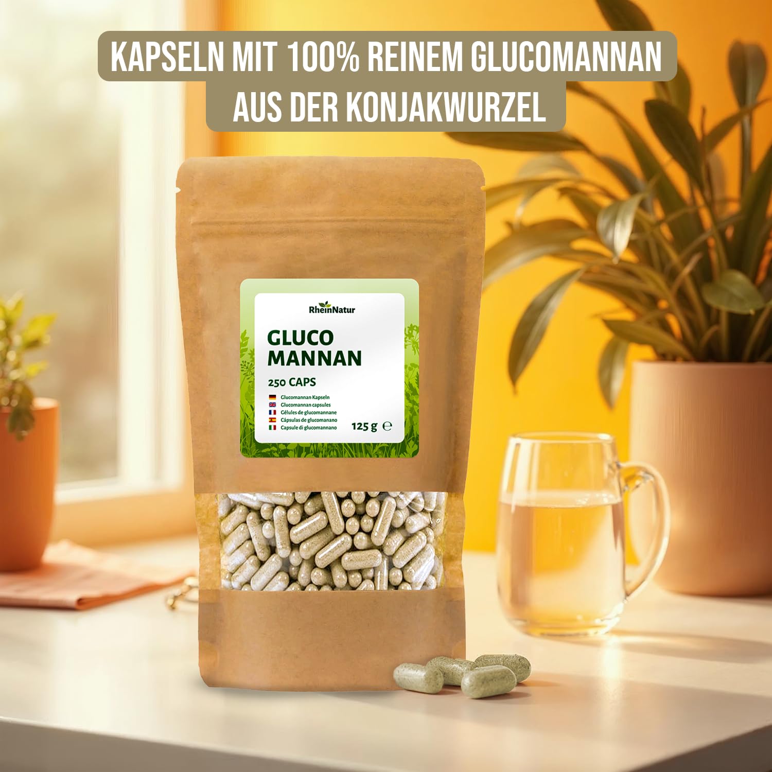 RheinNatur Glucomannan Kapseln 250 Stück - Natürlicher Ballaststoff aus der Konjak-Wurzel - Vegan
