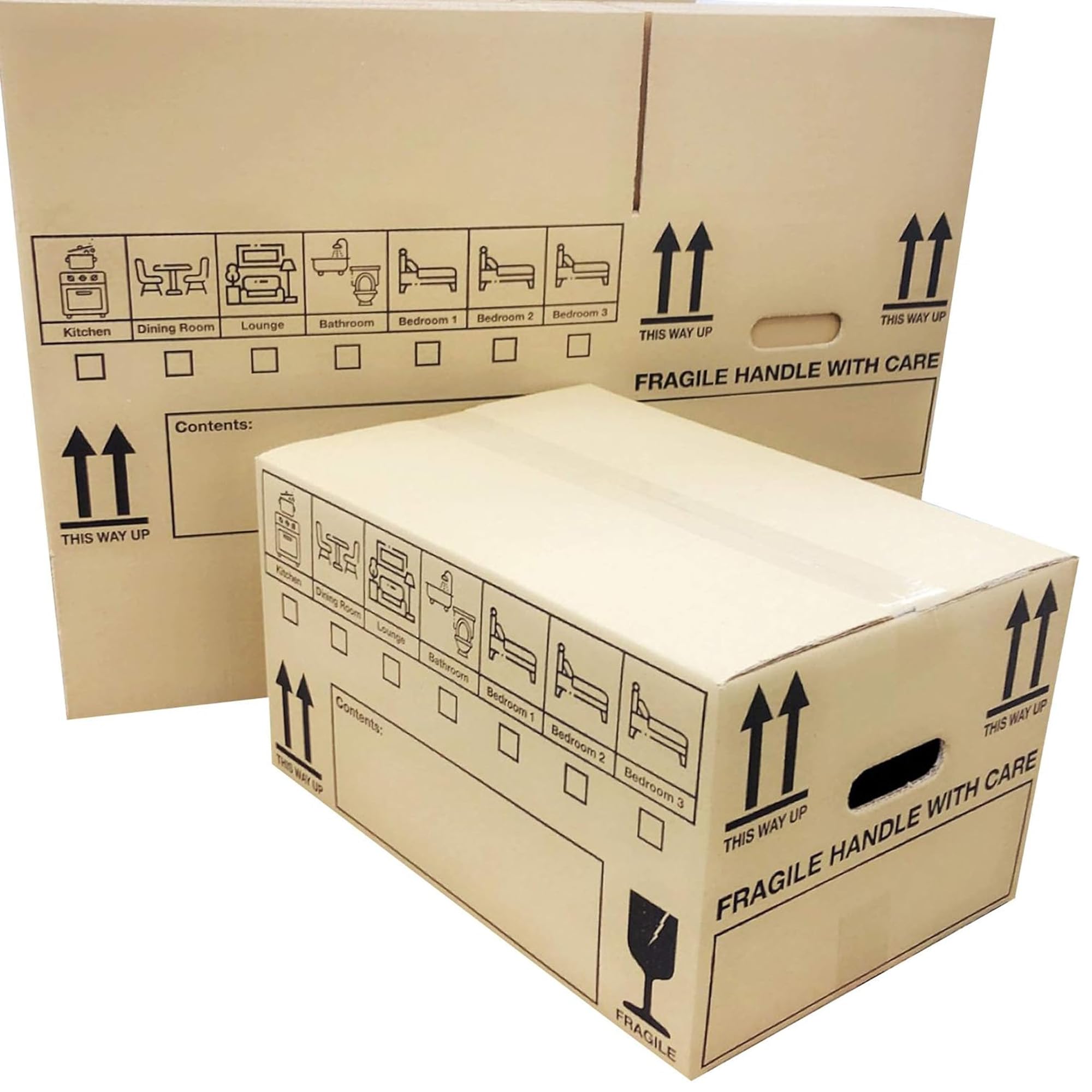 25 Home & Office Removal Boxes Strong Large Storage Packing Moving Boxes With Carry Handles and Room List 47cm x 31.5cm x 27cm 44 Litres